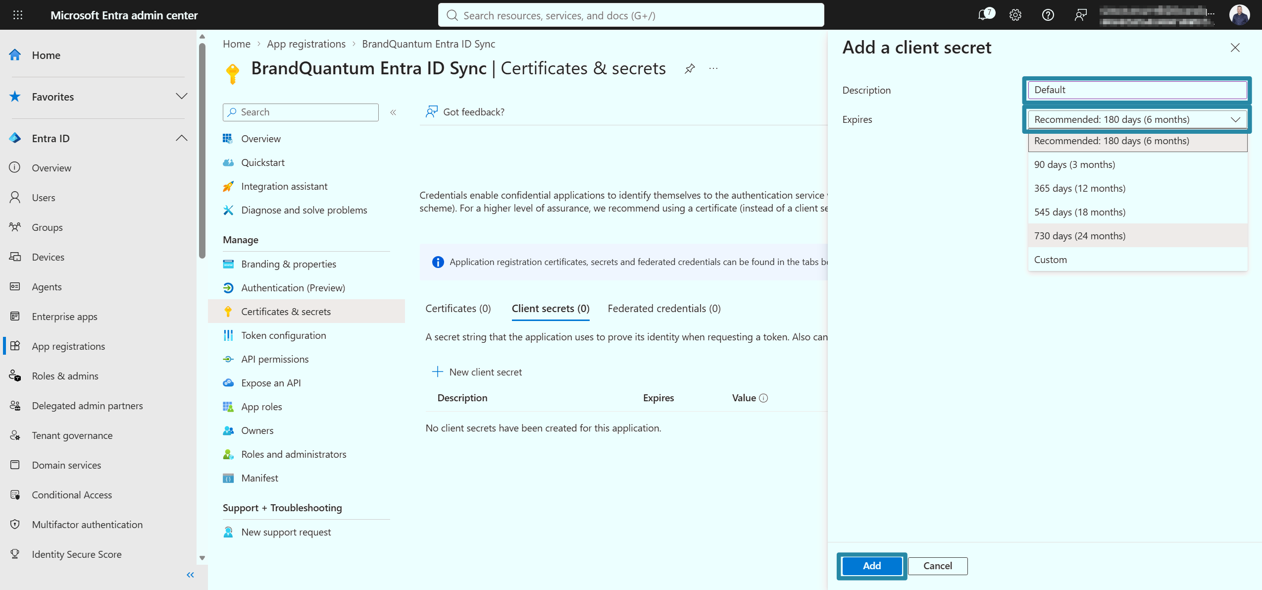Client secret creation panel with Description, Expires and Add visible. Hide any secret value and verify this image because it could not be loaded.