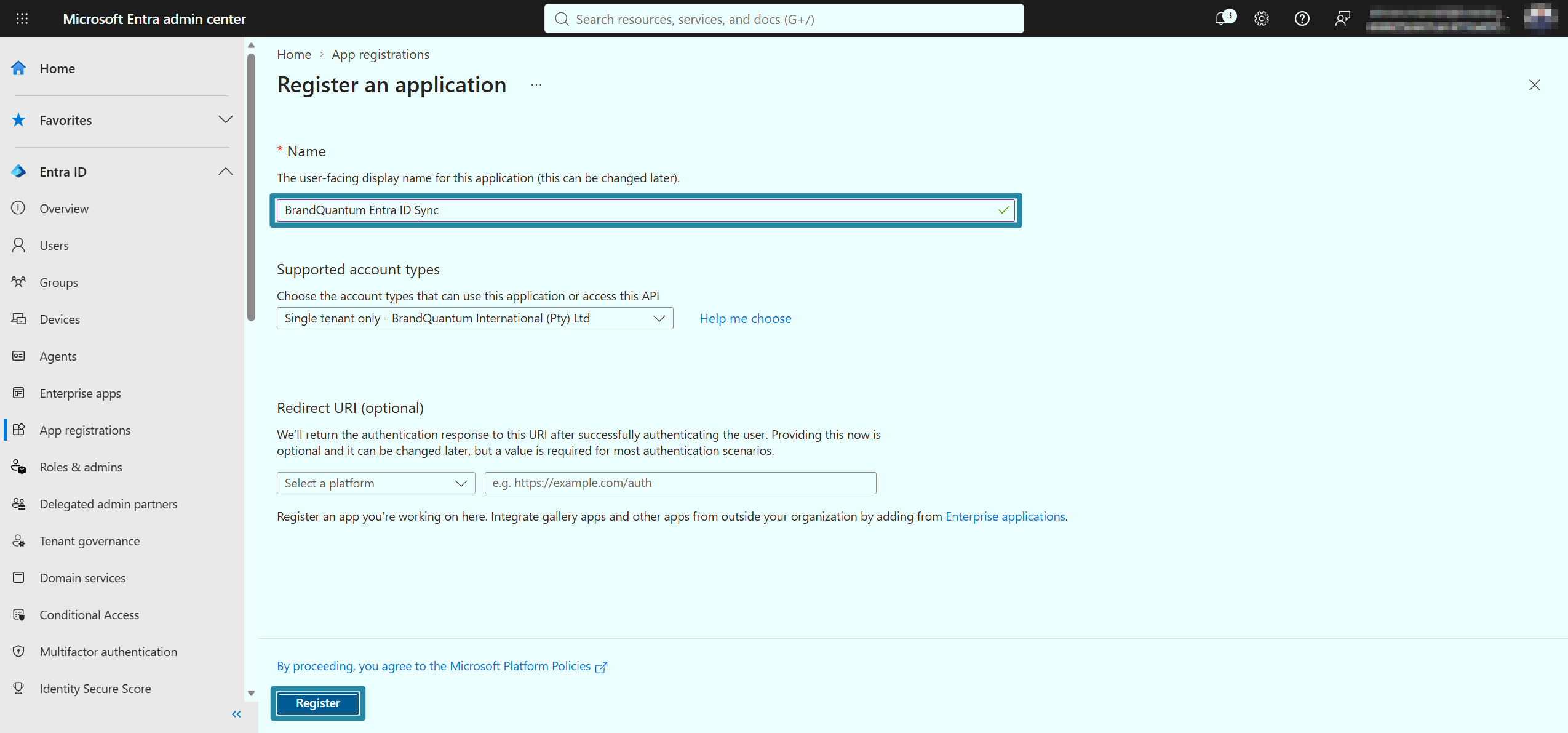 Register an application form with the Name field filled in and Register highlighted to create the app.