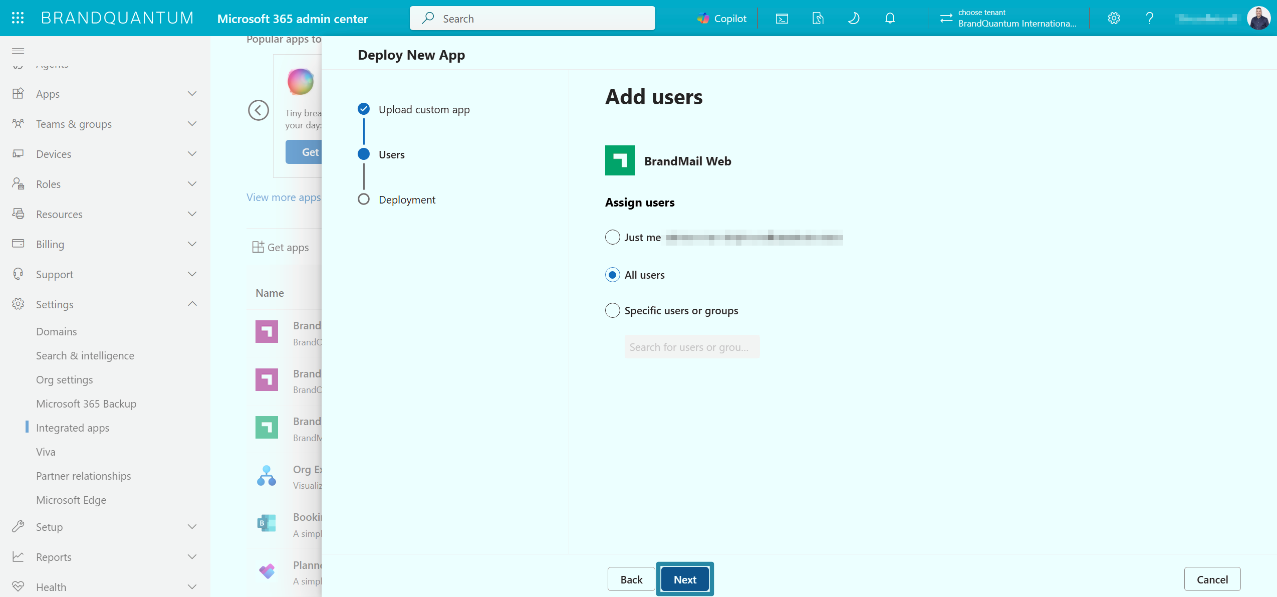 Add users screen for BrandMail Web with All users selected and Next highlighted to continue.