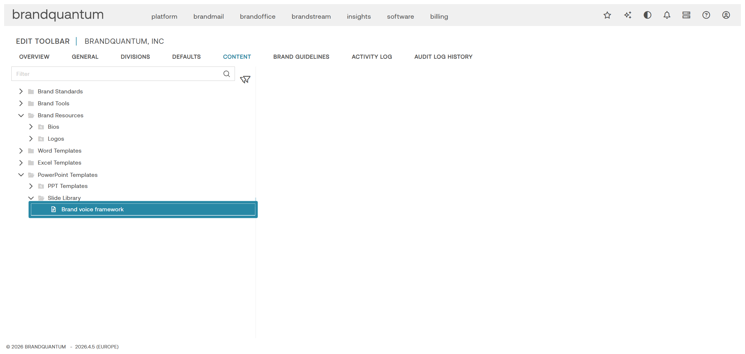 Content tree with the new Brand voice framework PowerPoint slide selected under Slide Library