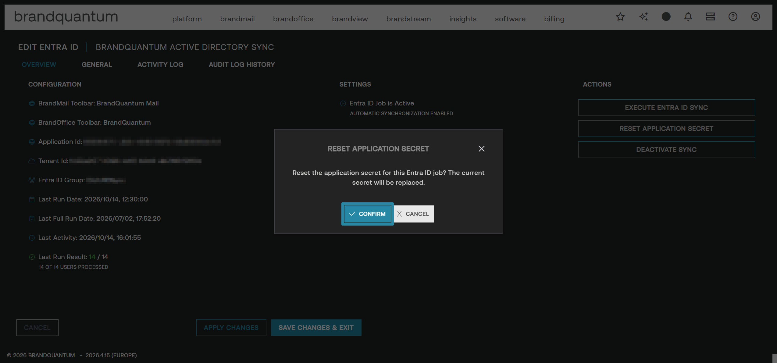 Reset Application Secret confirmation dialog with Confirm highlighted to proceed.