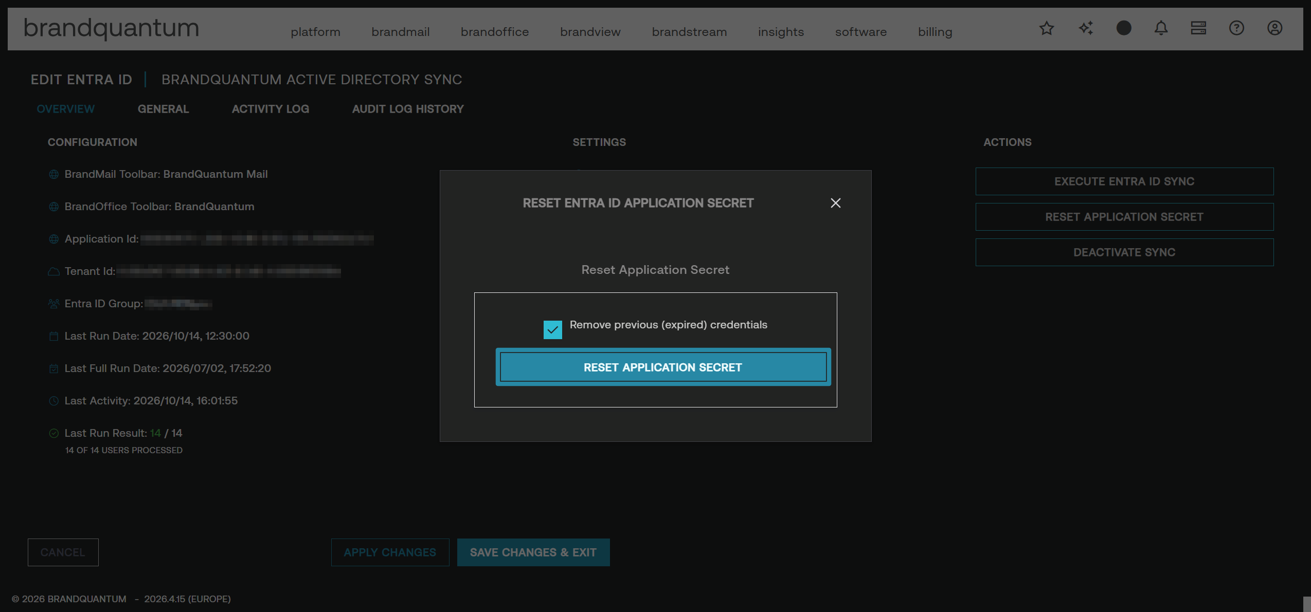 Reset Entra ID Application Secret dialog with Remove previous (expired) credentials selected and Reset Application Secret highlighted.