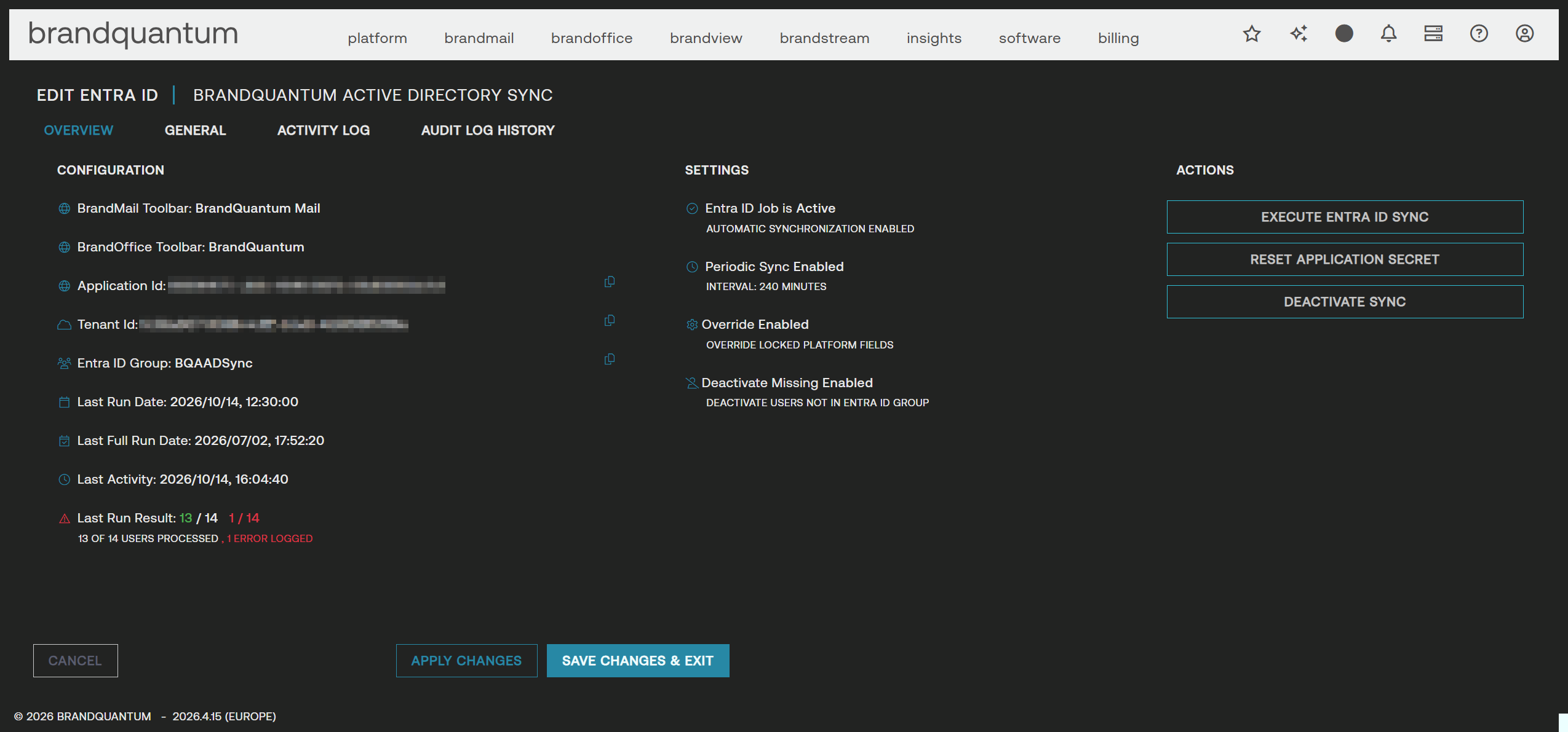 Entra ID sync Overview screen with the Execute Entra ID Sync button in Actions to run the sync now.