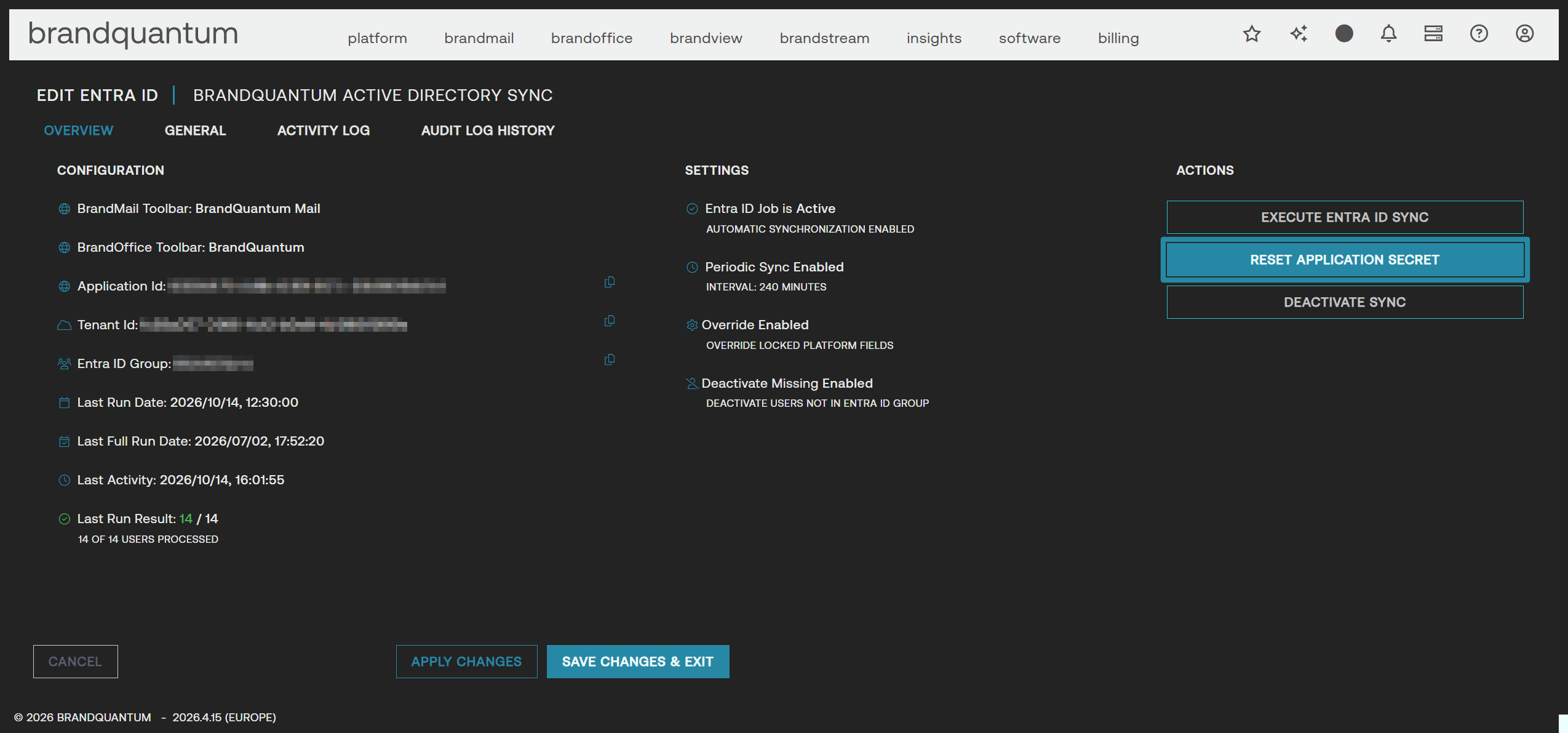 Edit Entra ID Overview with Reset Application Secret highlighted to begin resetting the secret.