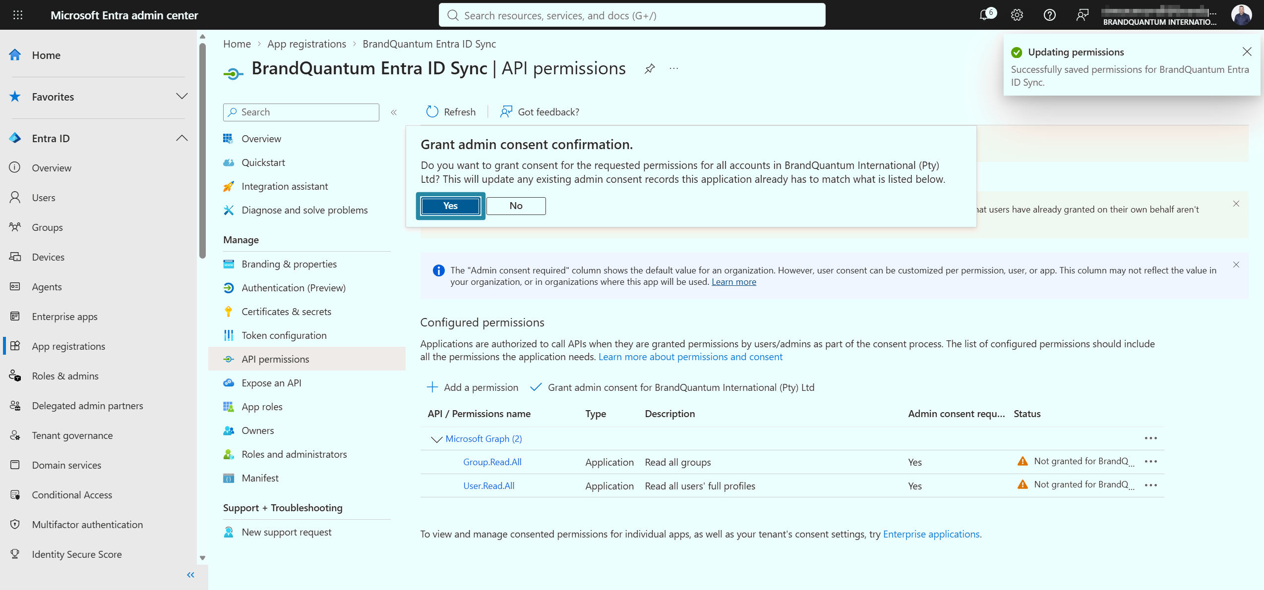 API permissions page with the Yes button highlighted to grant admin consent for the requested permissions