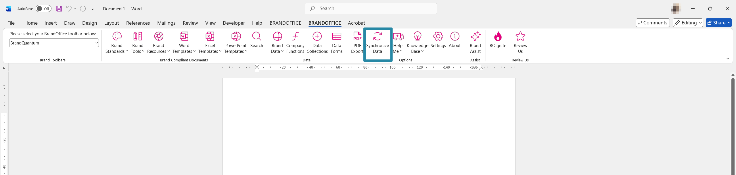 Existing BrandOffice ribbon screenshot showing Synchronize Data highlight