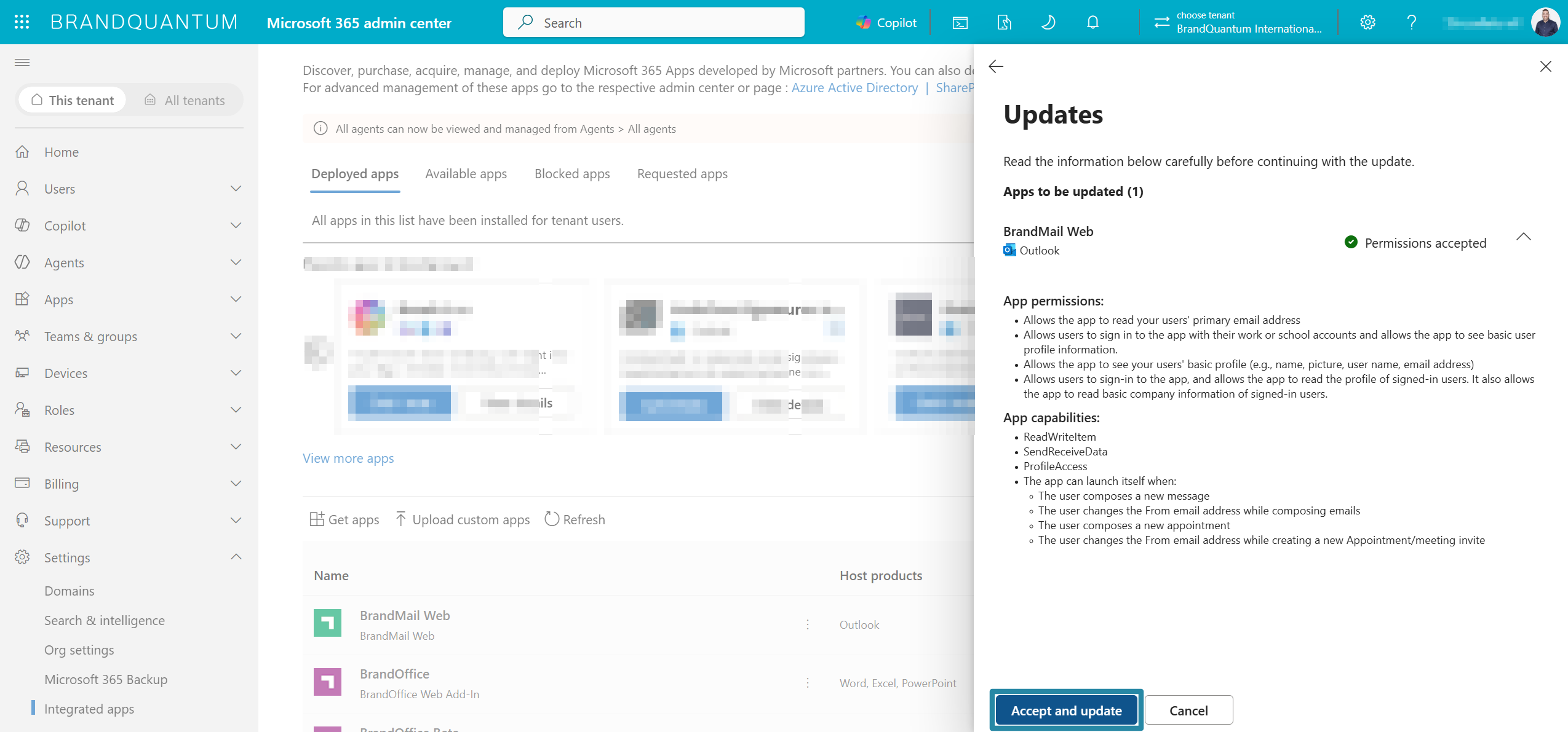 Microsoft 365 admin centre Updates panel for BrandMail Web, with Accept and update highlighted to apply the upgrade.