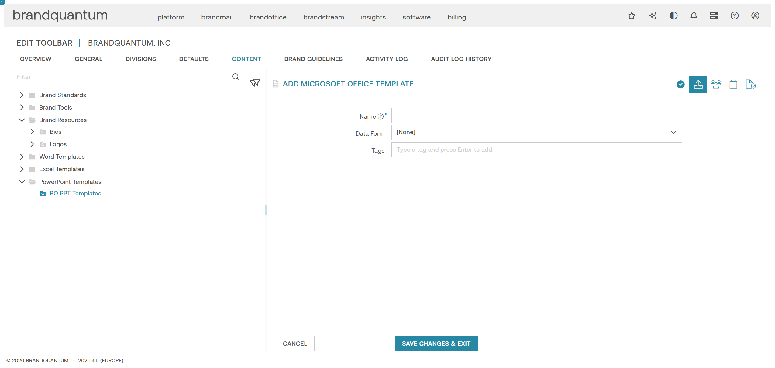 Add Microsoft Office Template screen with the upload button highlighted to upload the PowerPoint file.