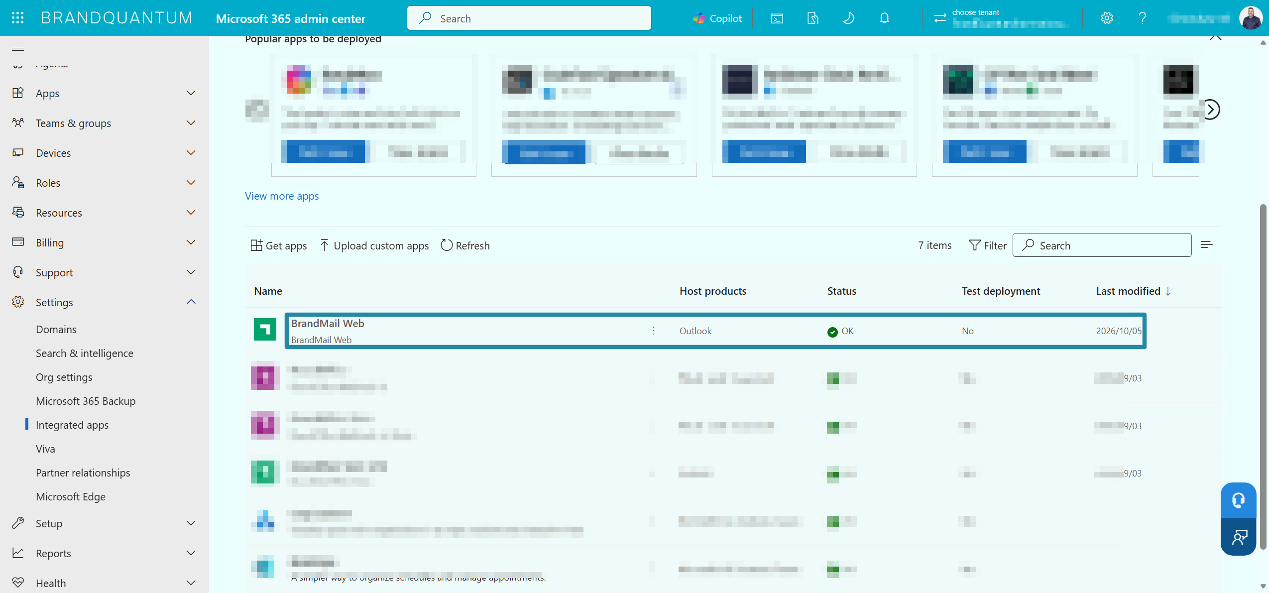 Integrated apps list in Microsoft 365 admin centre with BrandMail Web selected and its status shown as OK.