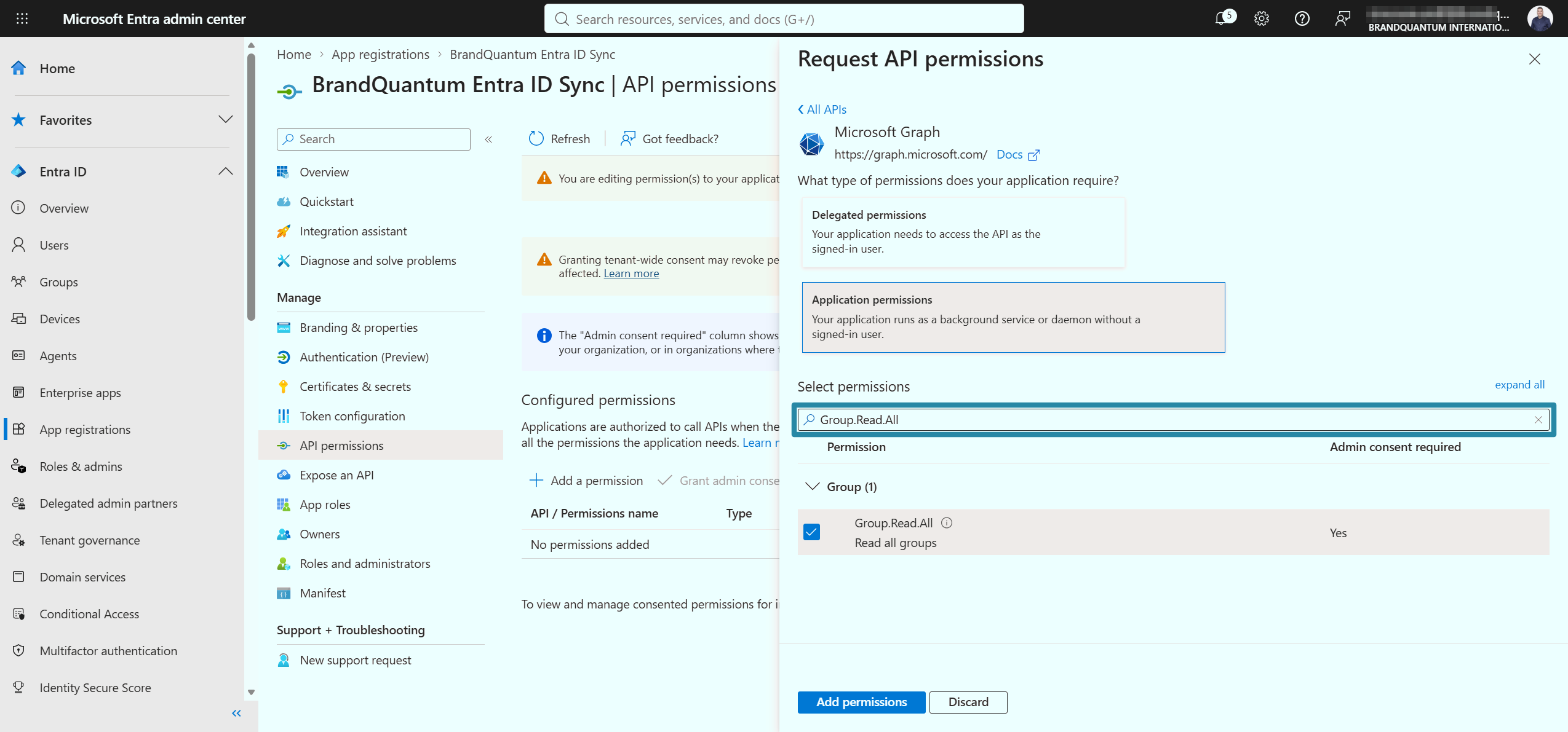 Microsoft Graph application permissions with Group.Read.All selected and Add permissions available.