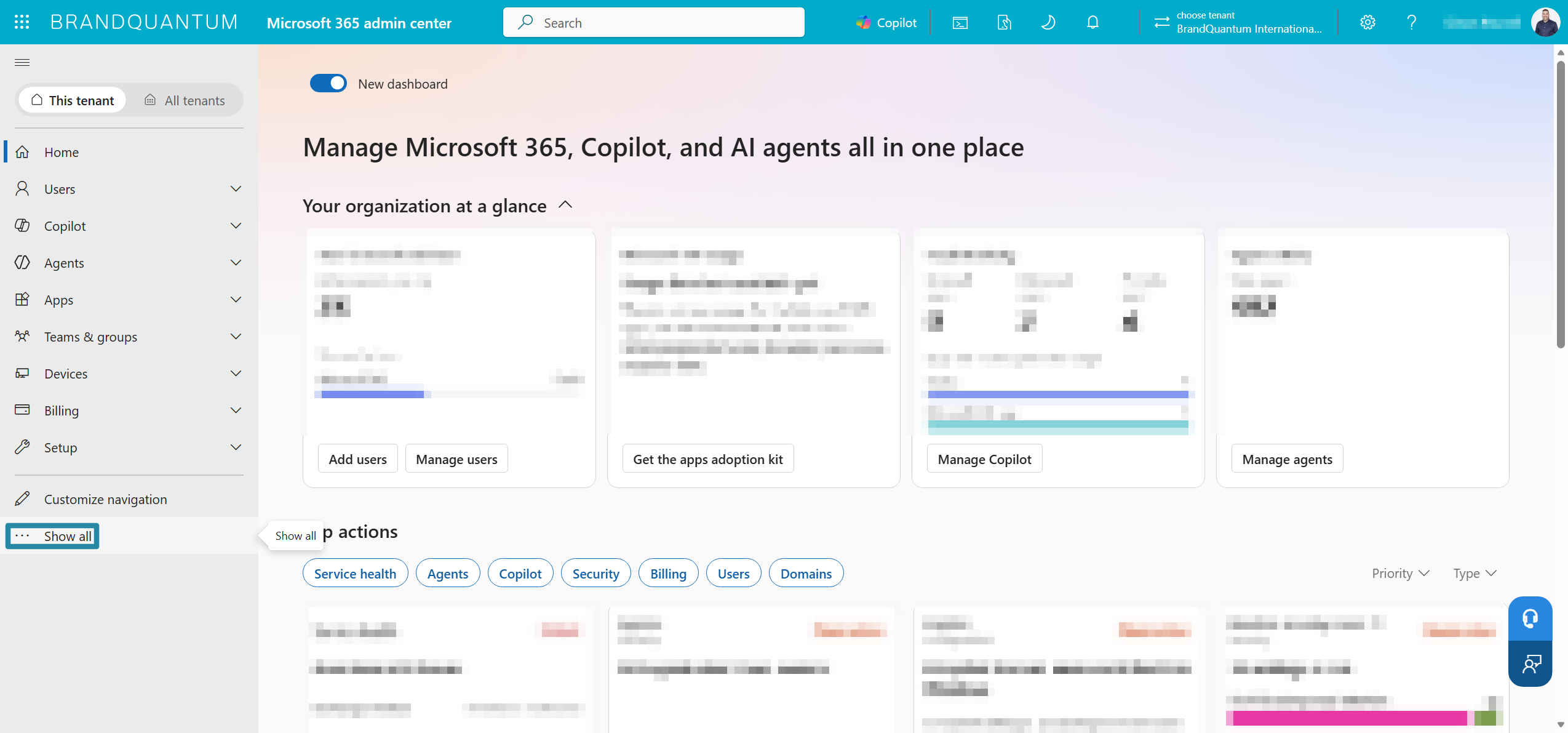 Microsoft 365 admin centre Home page with Show all highlighted to reveal Settings in the navigation