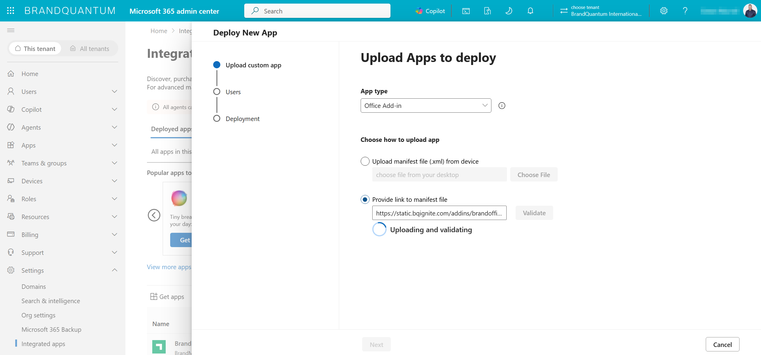 Deploy New App panel validating the manifest link, with the Validate button beside the URL field