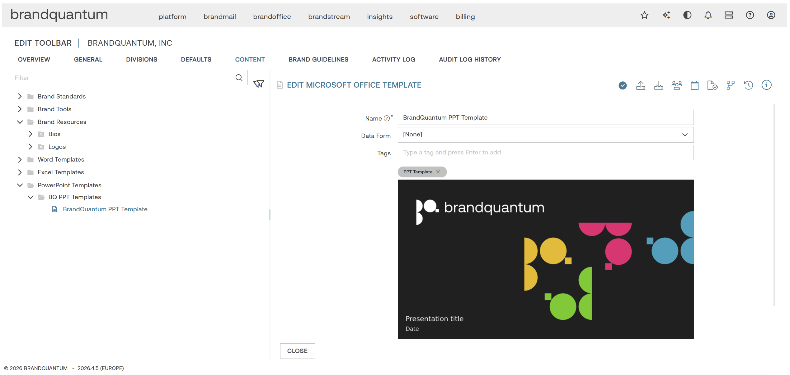 BrandOffice toolbar editor showing the PowerPoint Template thumbnail preview