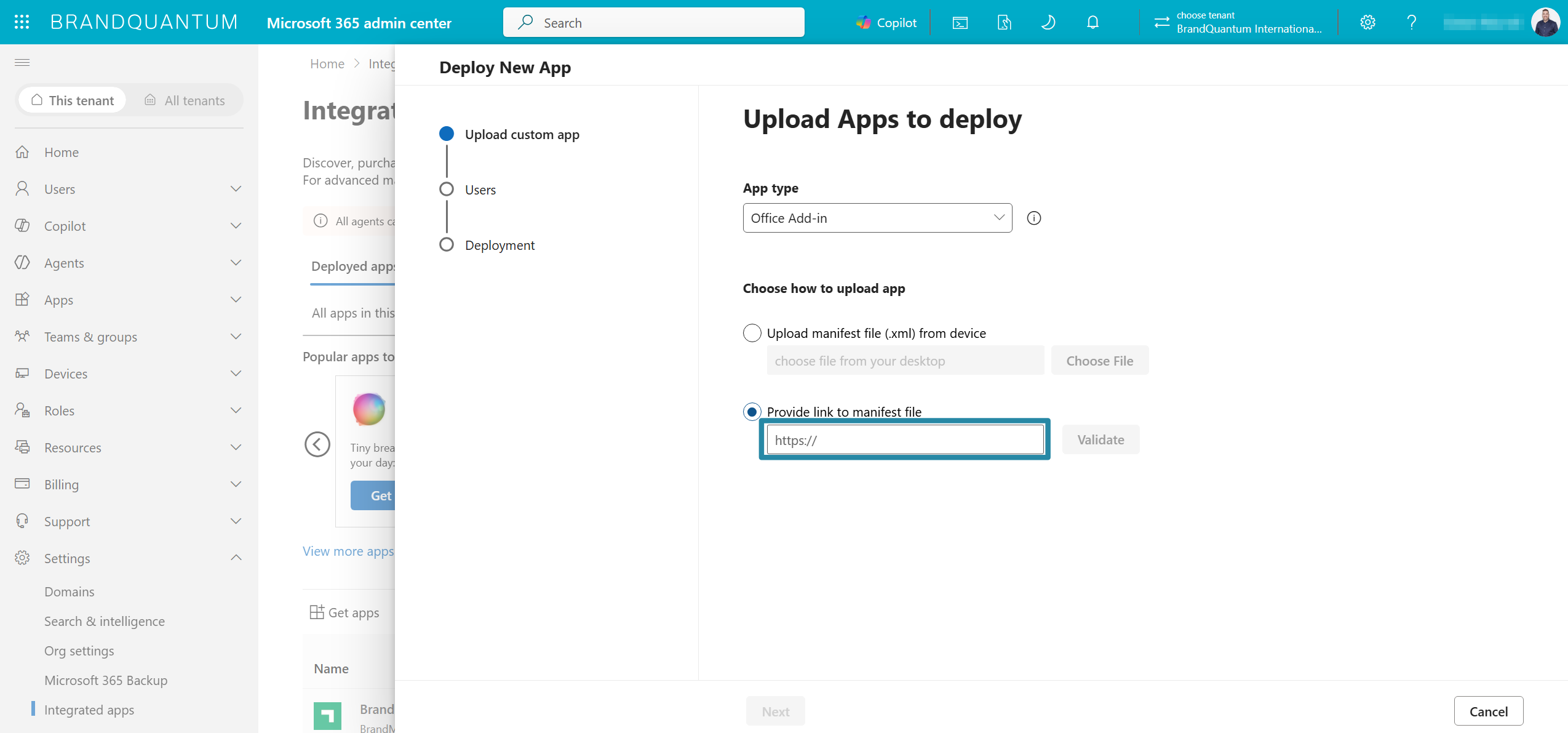 Deploy New App panel with Provide link to manifest file selected and the URL field highlighted