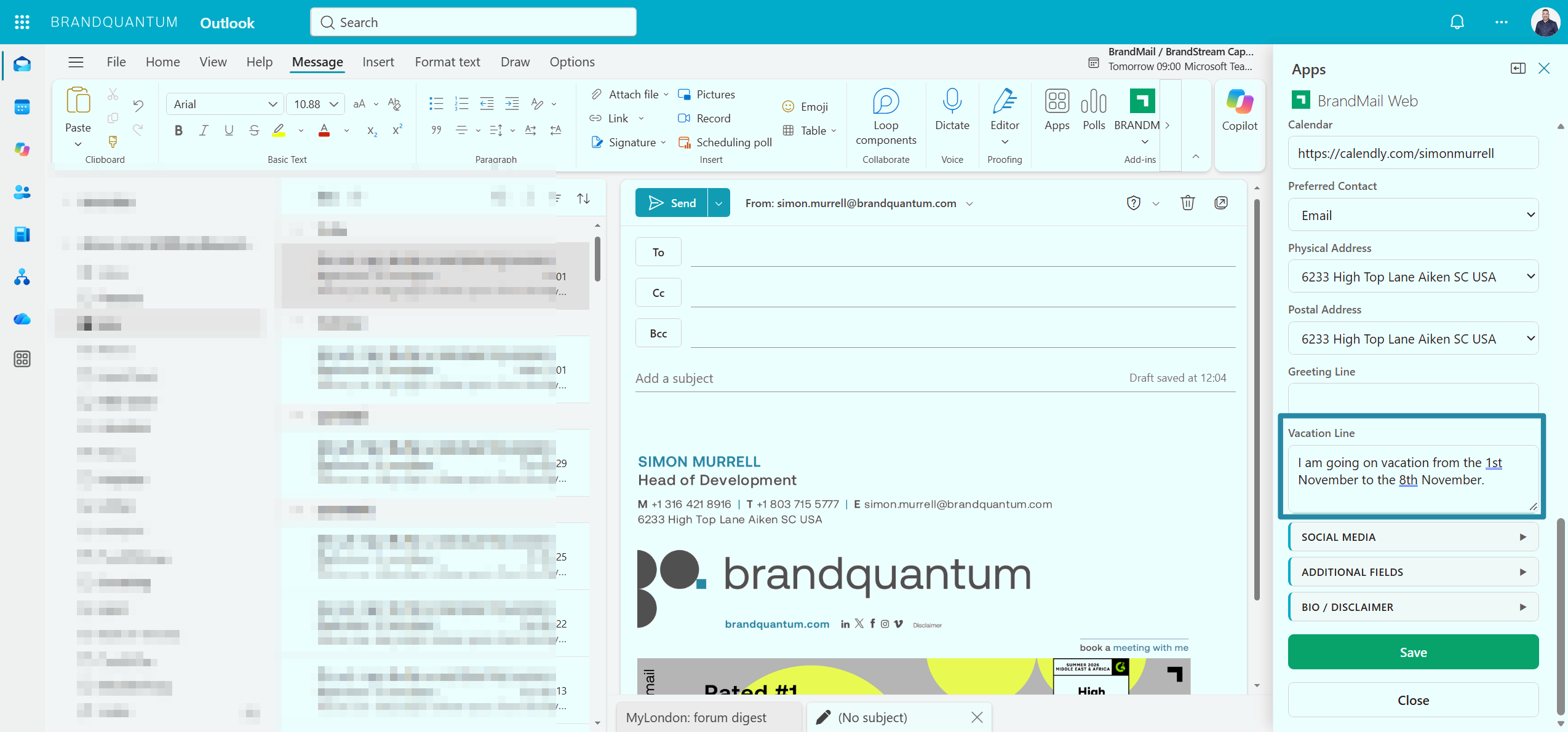 BrandMail Web Apps panel with Vacation Line field highlighted for updating signature information.