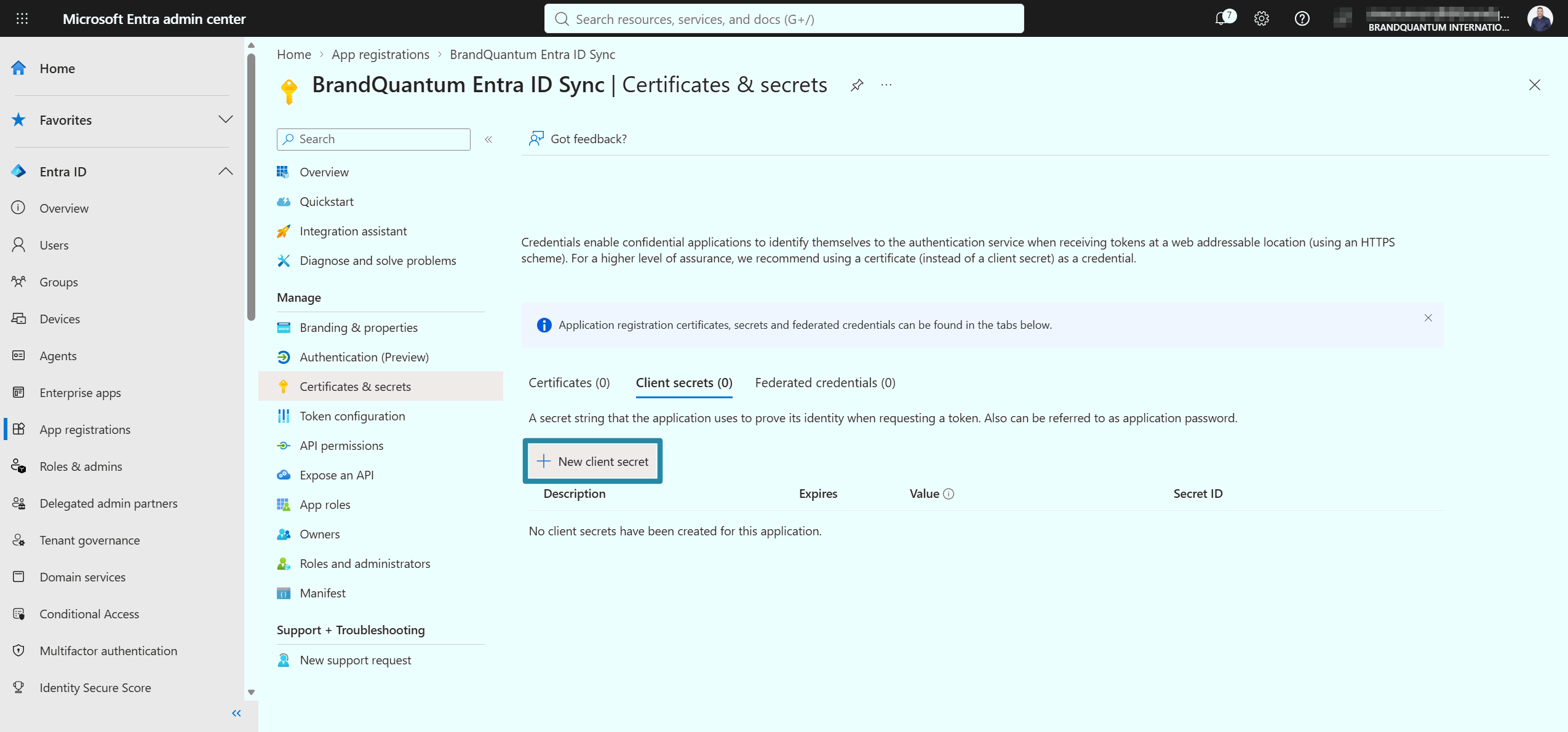 Certificates & secrets page with the New client secret button highlighted
