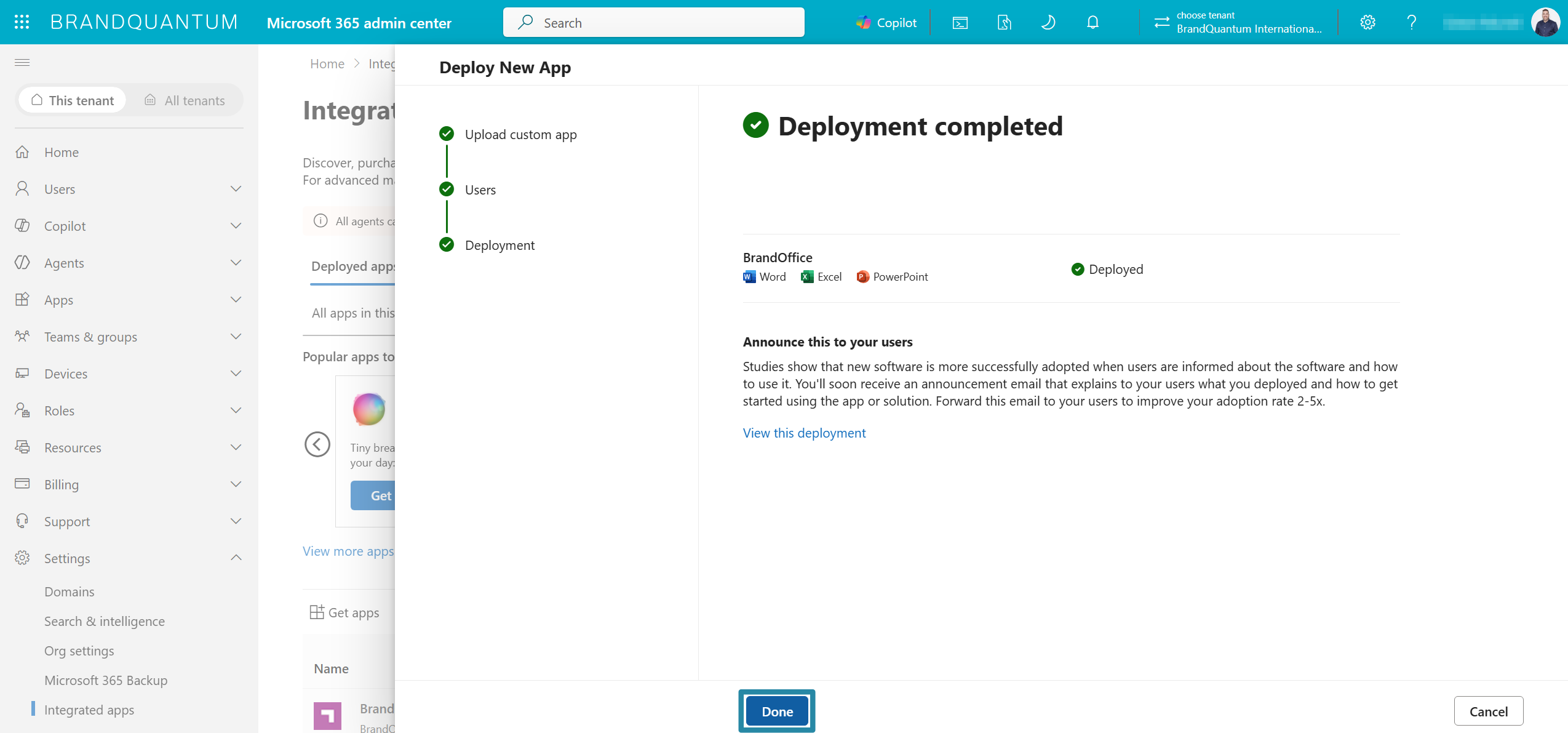 Deploy New App panel confirms BrandOffice is deployed, completing the Microsoft 365 setup.