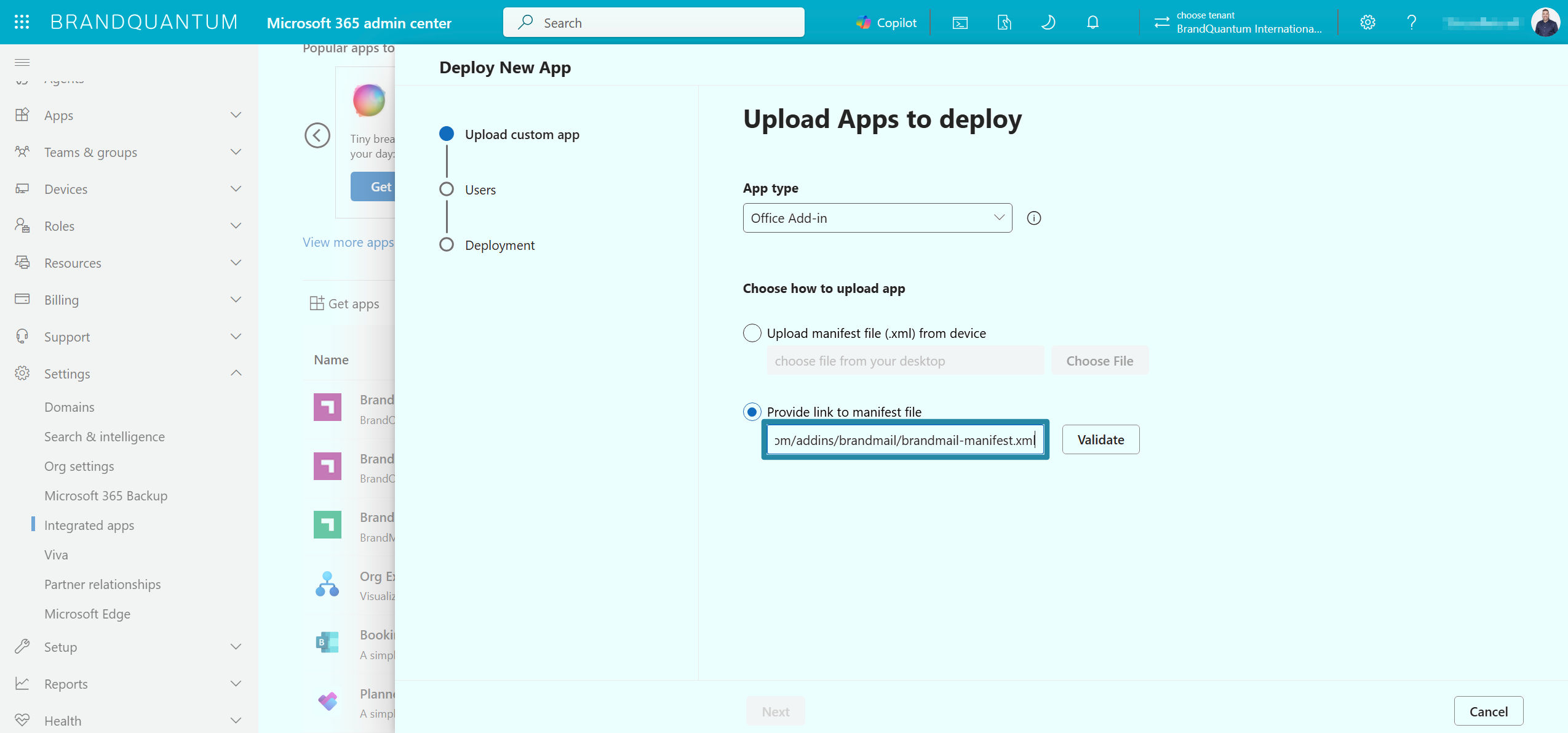 Deploy New App screen with Provide link to manifest file selected and the manifest URL entered for validation