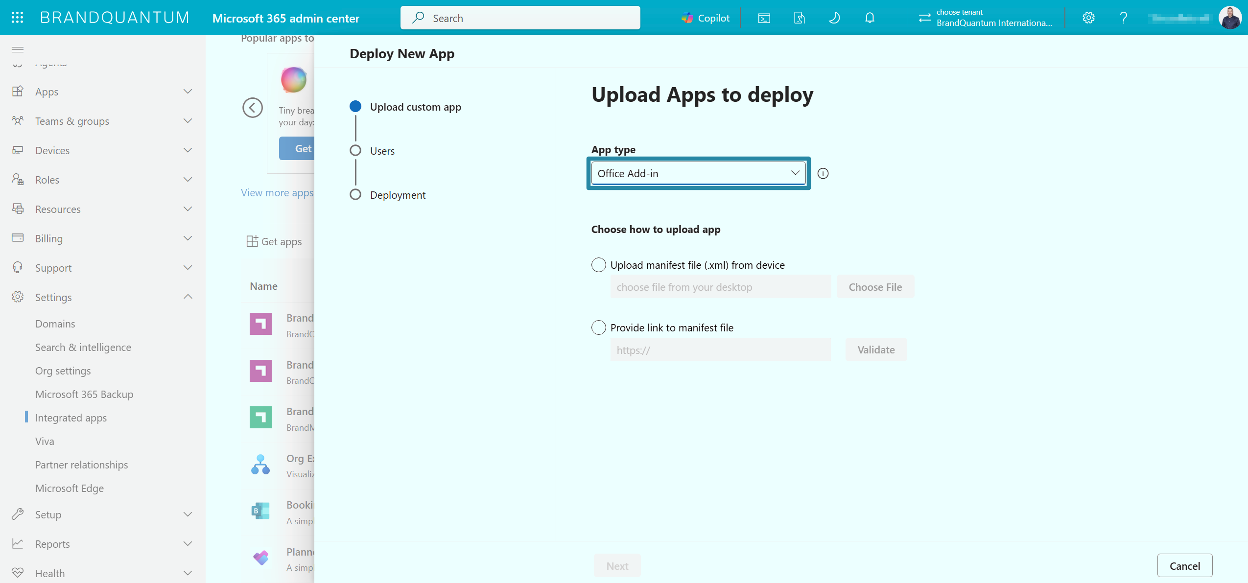 Deploy New App screen with App type set to Office Add-in for choosing the add-in type.