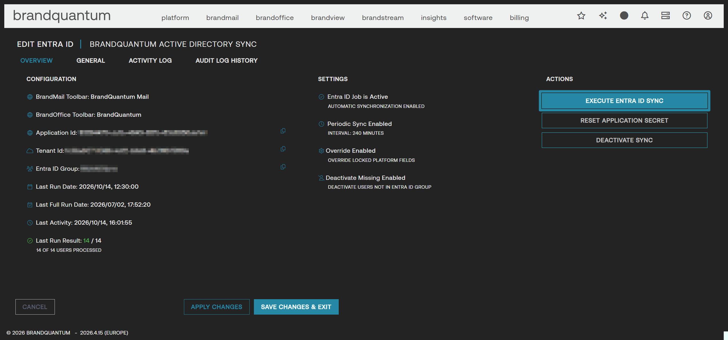 Edit Entra ID Overview with Execute Entra ID Sync highlighted to start a full sync.