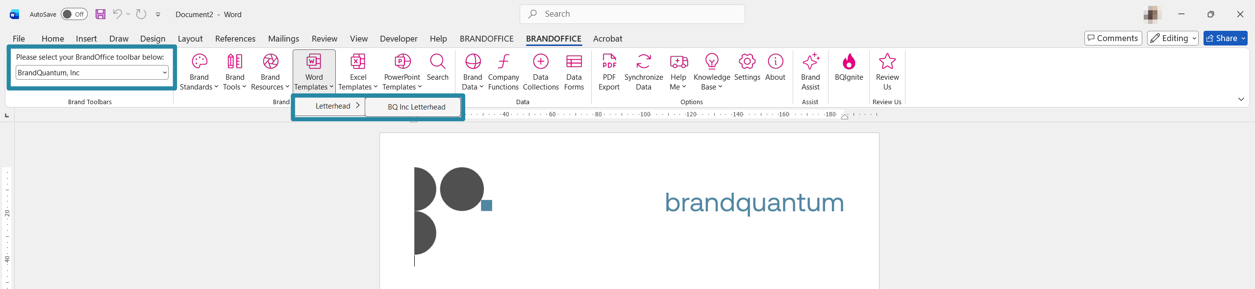 Existing BrandOffice ribbon screenshot shown with open document and BrandOffice toolbar item selected
