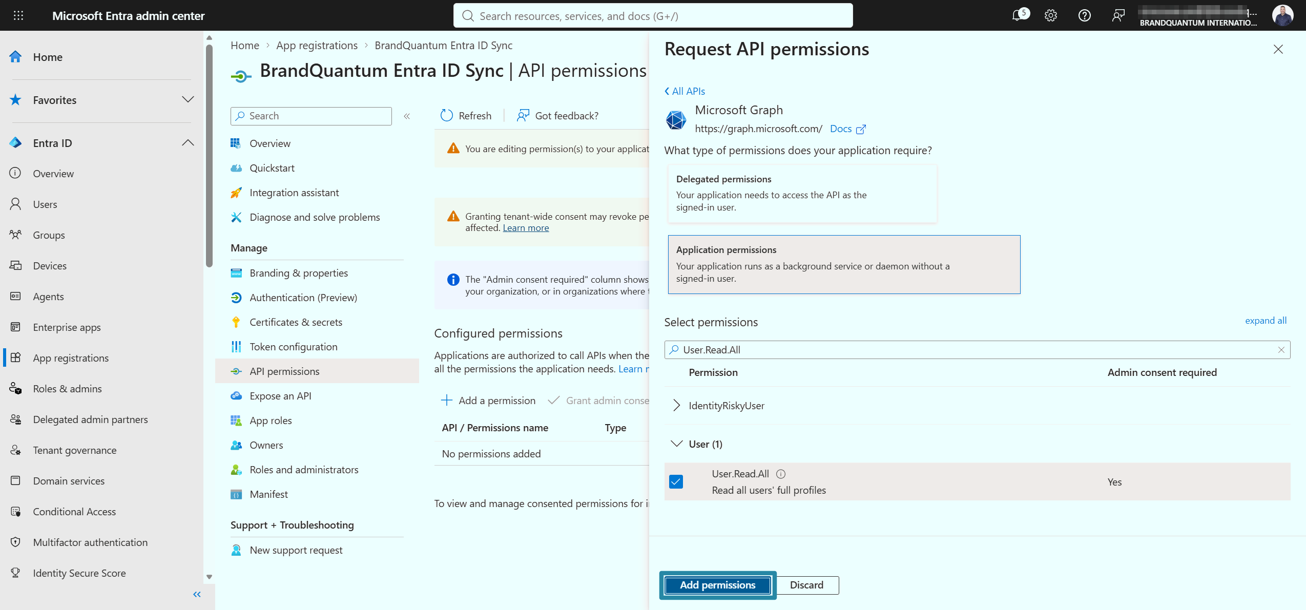 Microsoft Graph application permissions with User.Read.All selected and Add permissions highlighted.