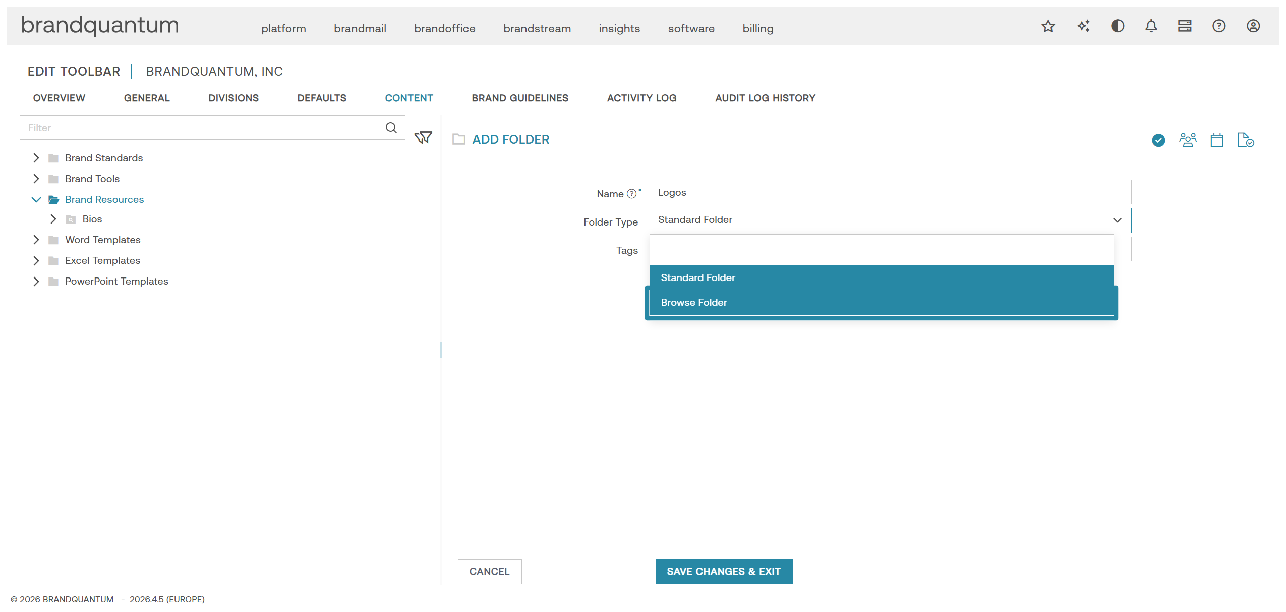 Add Folder form with the Folder Type menu open, showing Standard Folder and Browse Folder options.