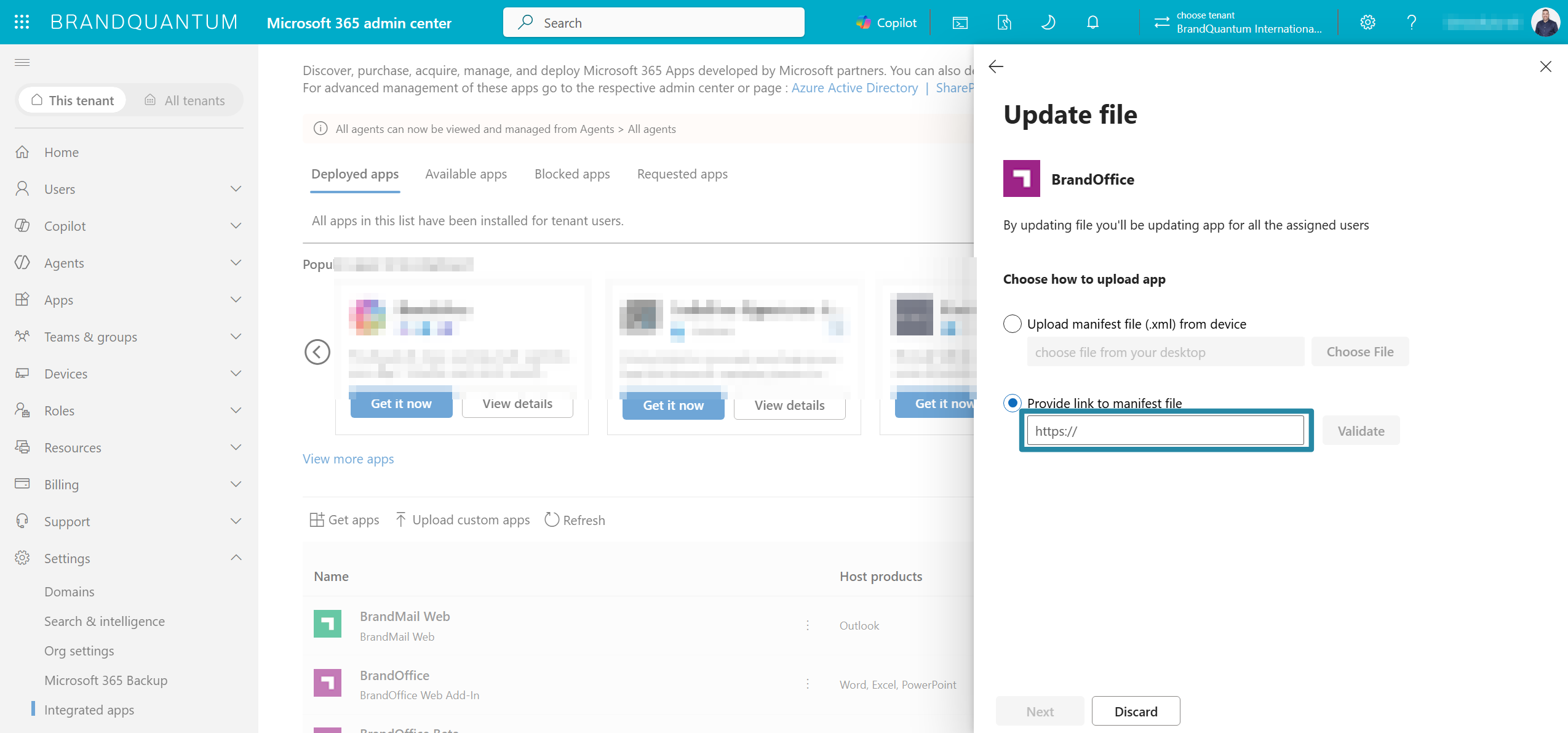 BrandOffice Update file pane with Provide link to manifest file selected and the manifest URL field highlighted
