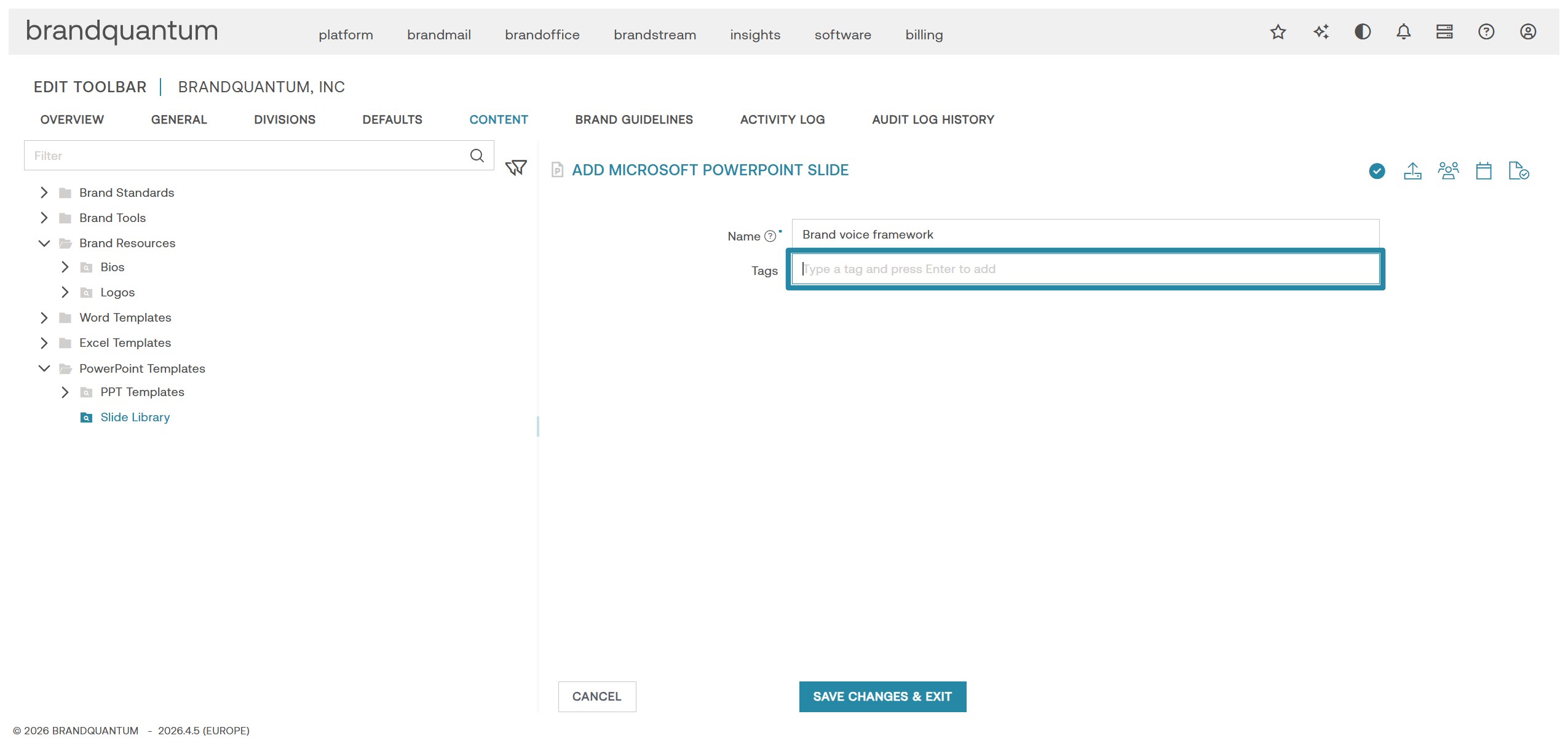 Add Microsoft PowerPoint Slide form with the Tags field highlighted for entering a tag