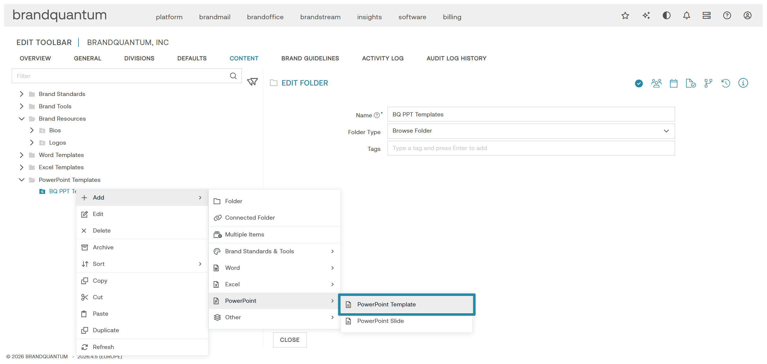 Add PowerPoint Template screen with PowerPoint Template selected