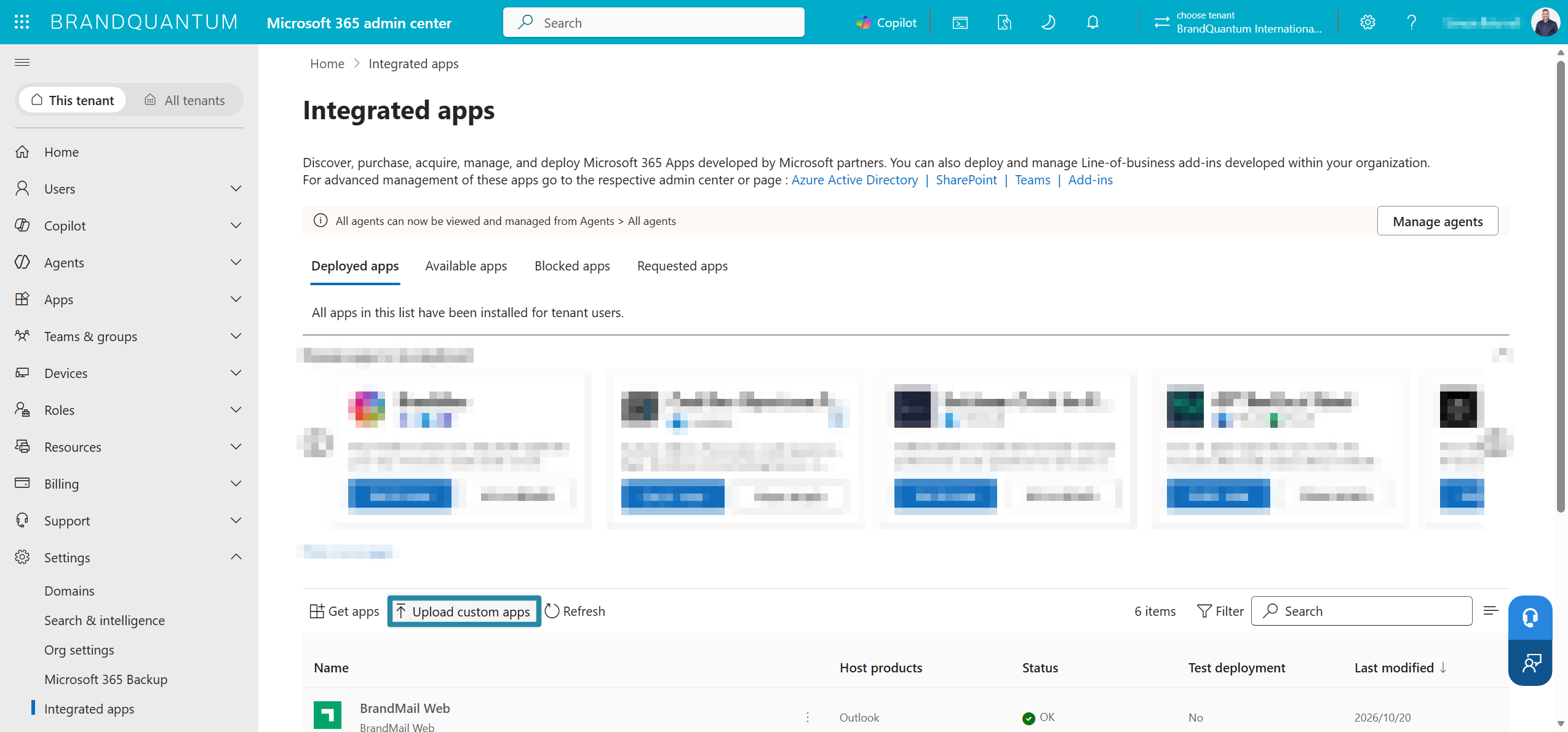 Integrated apps page with Upload custom apps highlighted to start deploying the add-in