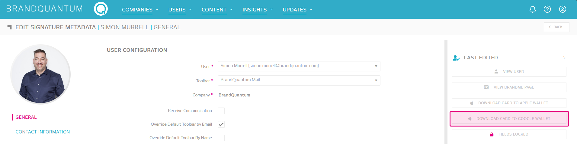 Screenshot of download card to Google Wallet button in BQIgnite admin console