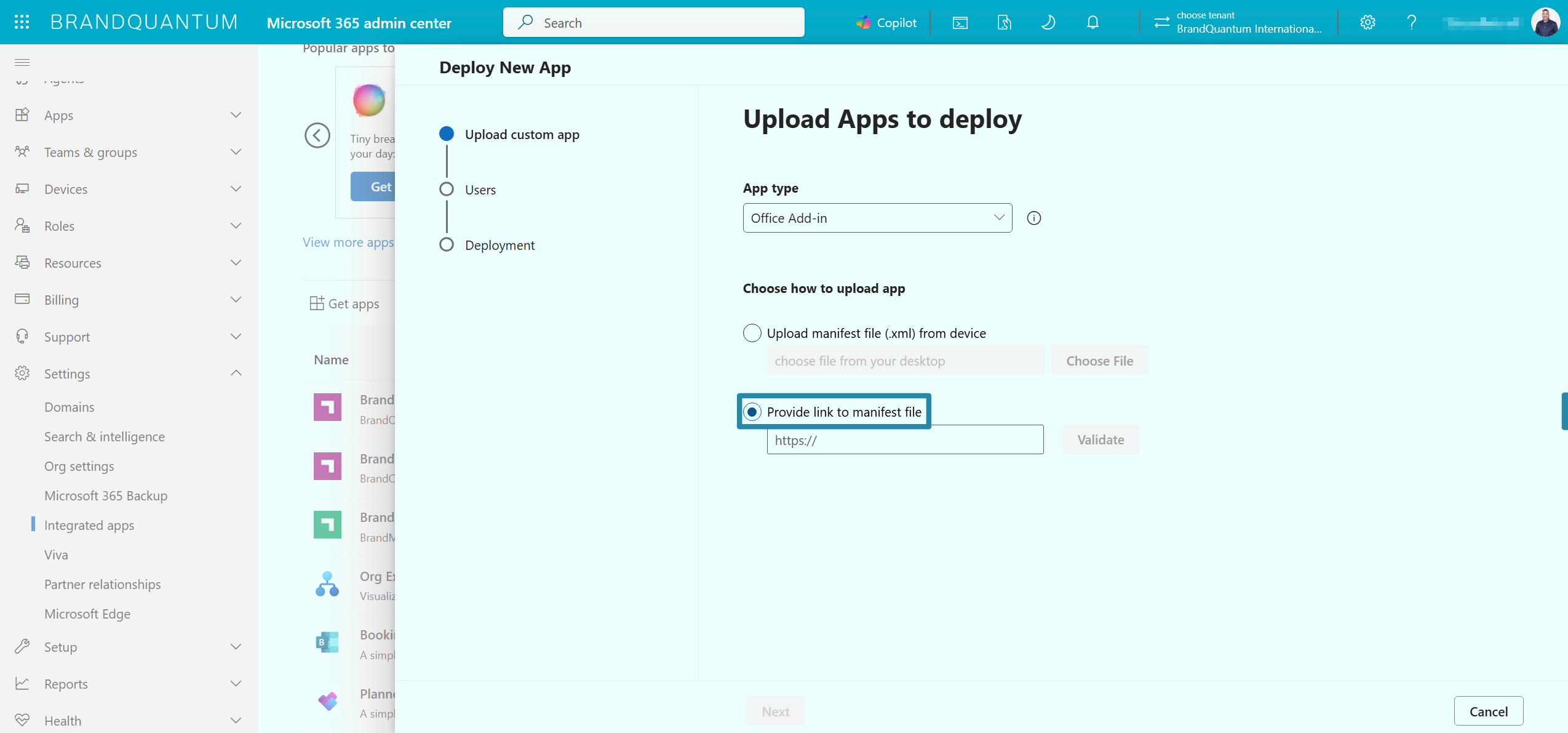 Deploy New App screen with Provide link to manifest file selected and the manifest URL field ready for the link.