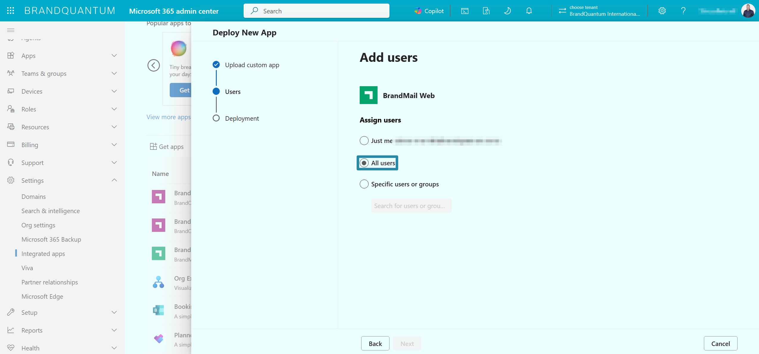 Add users screen for BrandMail Web with All users selected for assigning the add-in.