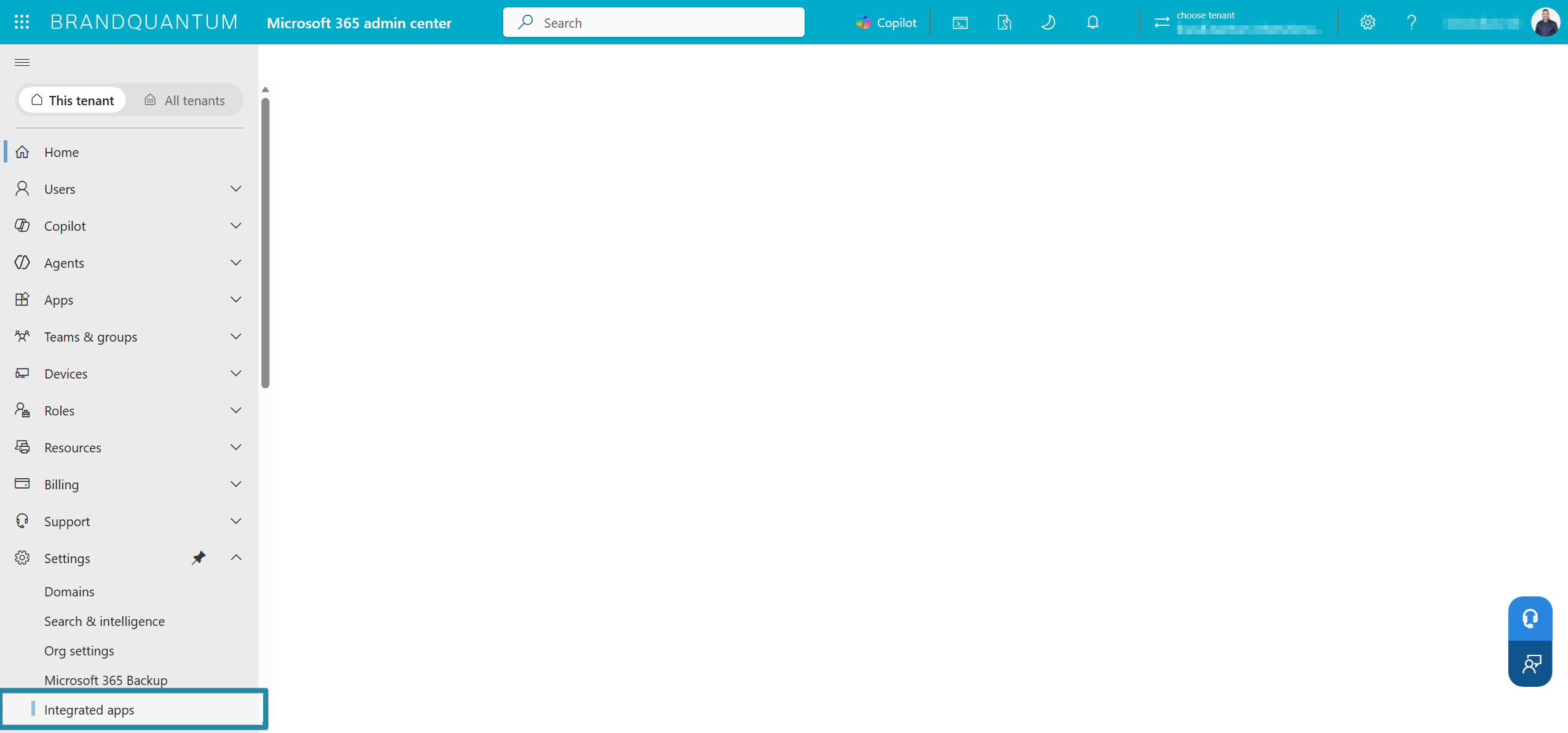 Microsoft 365 admin centre navigation with Settings expanded and Integrated apps highlighted