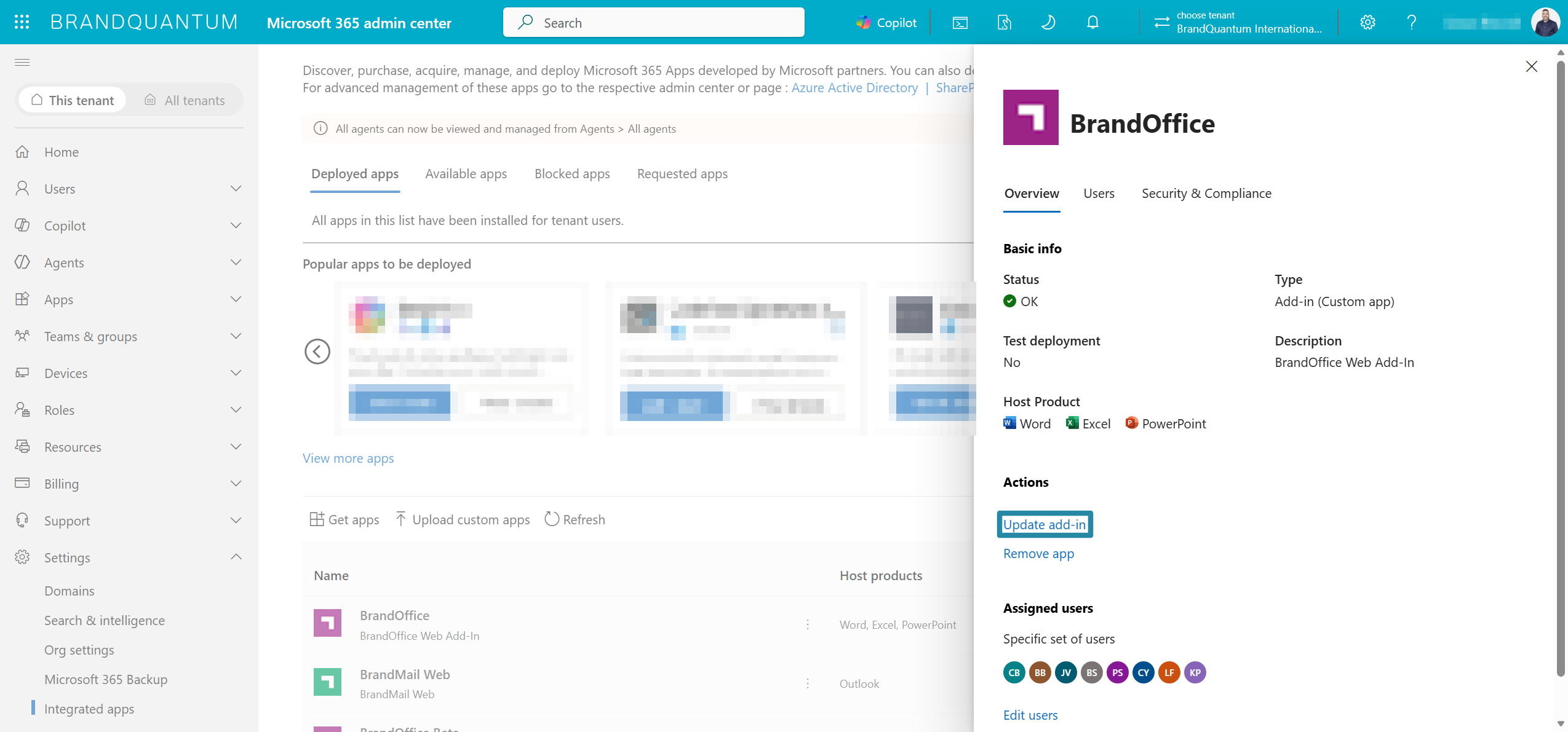 BrandOffice details pane with Update add-in highlighted to start the upgrade