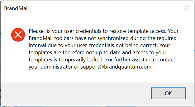 Please fix your user credentials to restore template access