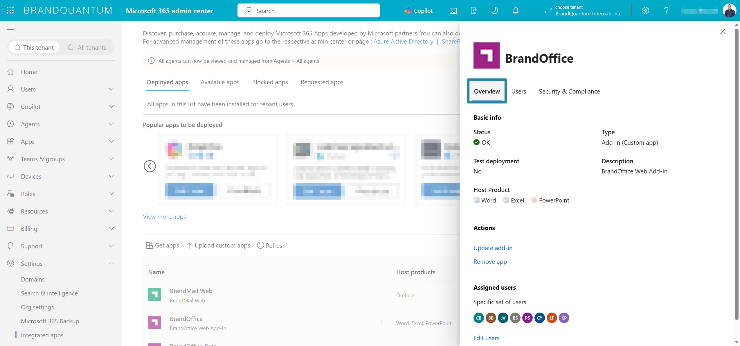 BrandOffice details pane with the Overview tab selected, showing deployment status and host products