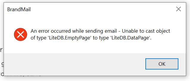 An error occurred while sending email - unable to cast object if type 'LiteDB.DataPage'.