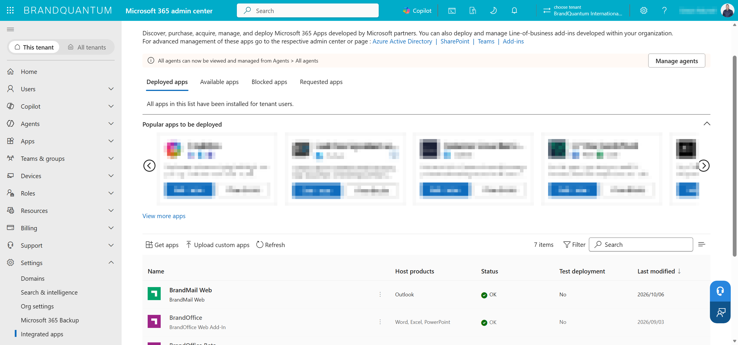 Microsoft 365 admin centre Integrated apps list showing the BrandMail Web row to edit