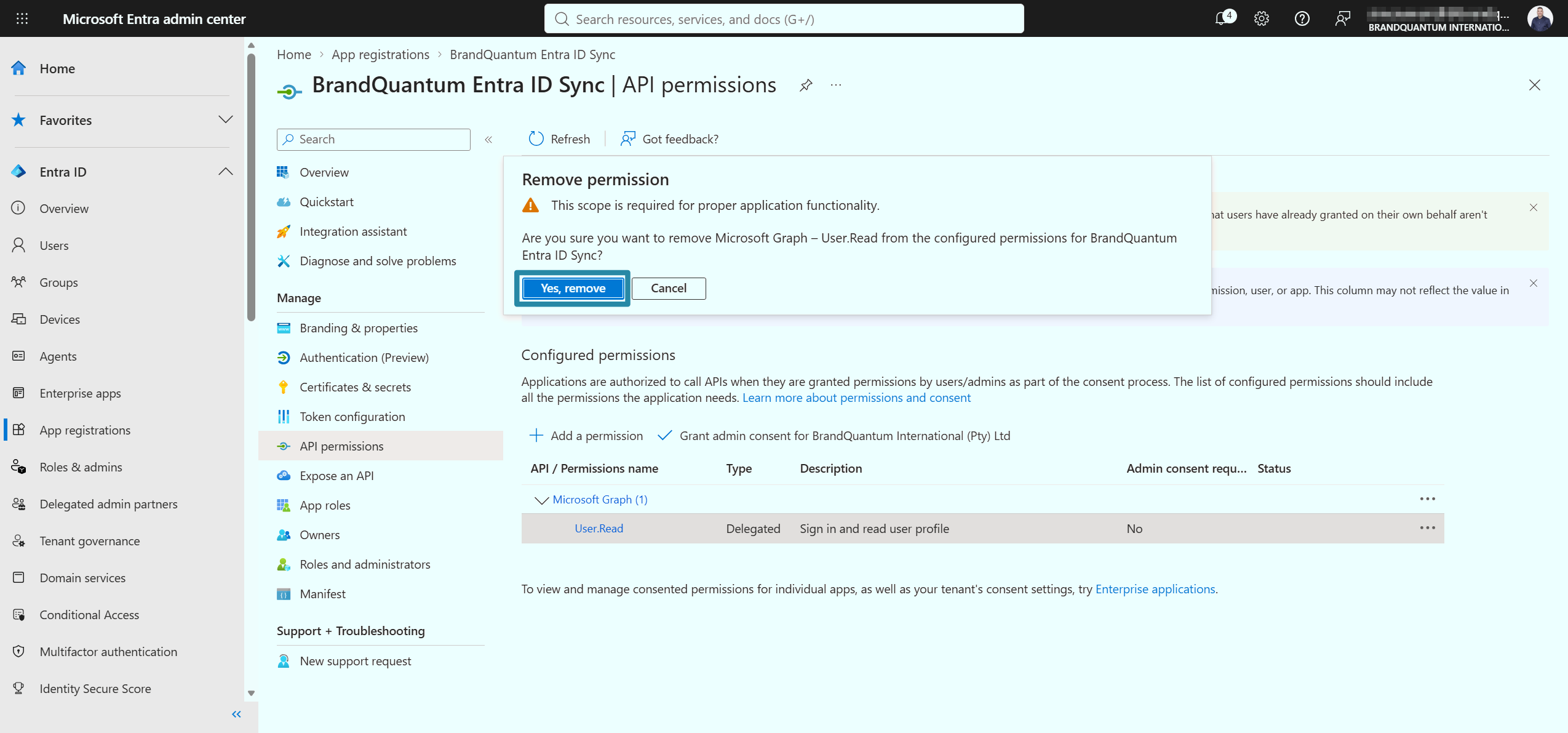Remove permission confirmation with Yes, remove highlighted for the User.Read permission.