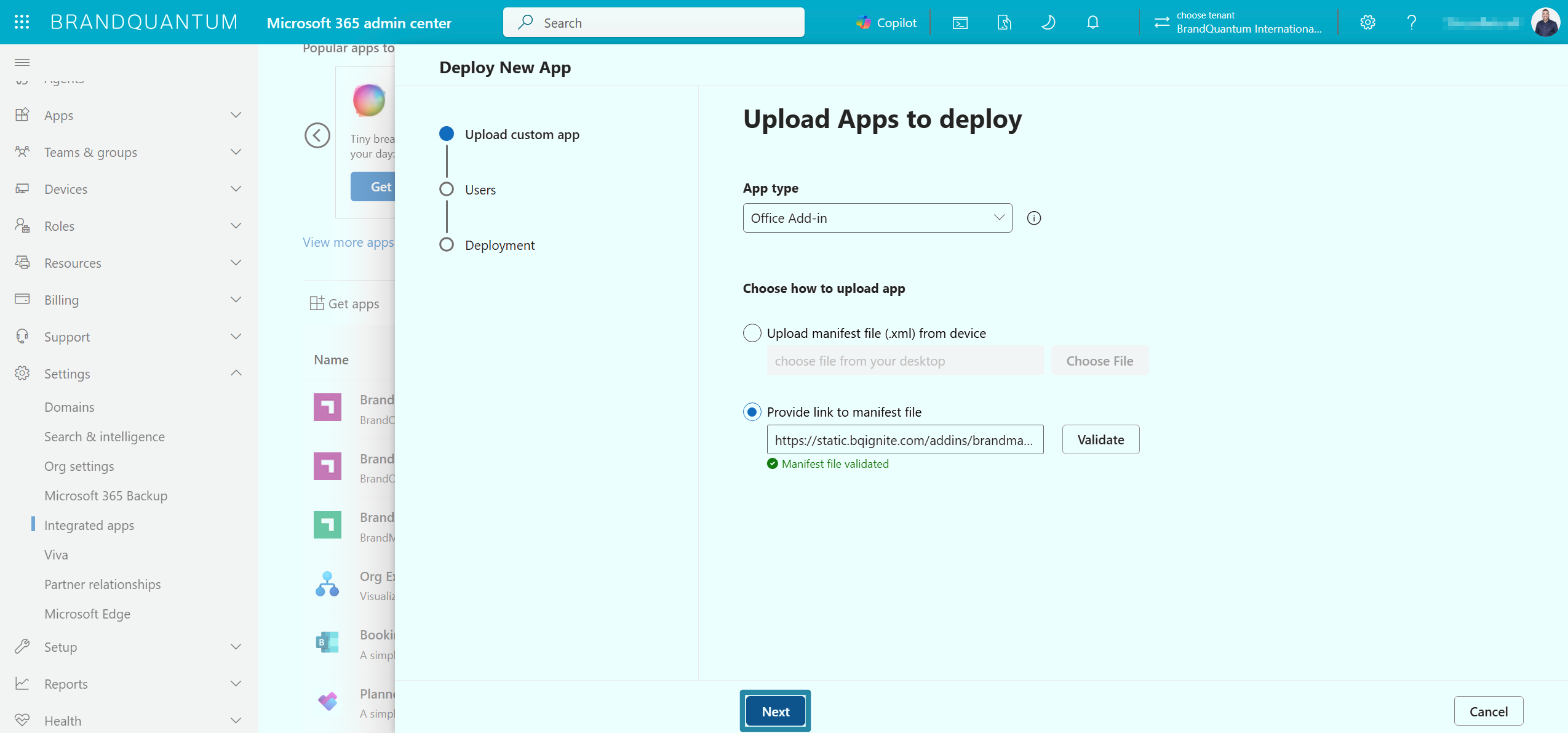 Deploy New App screen confirming Manifest file validated, with Next highlighted to continue.