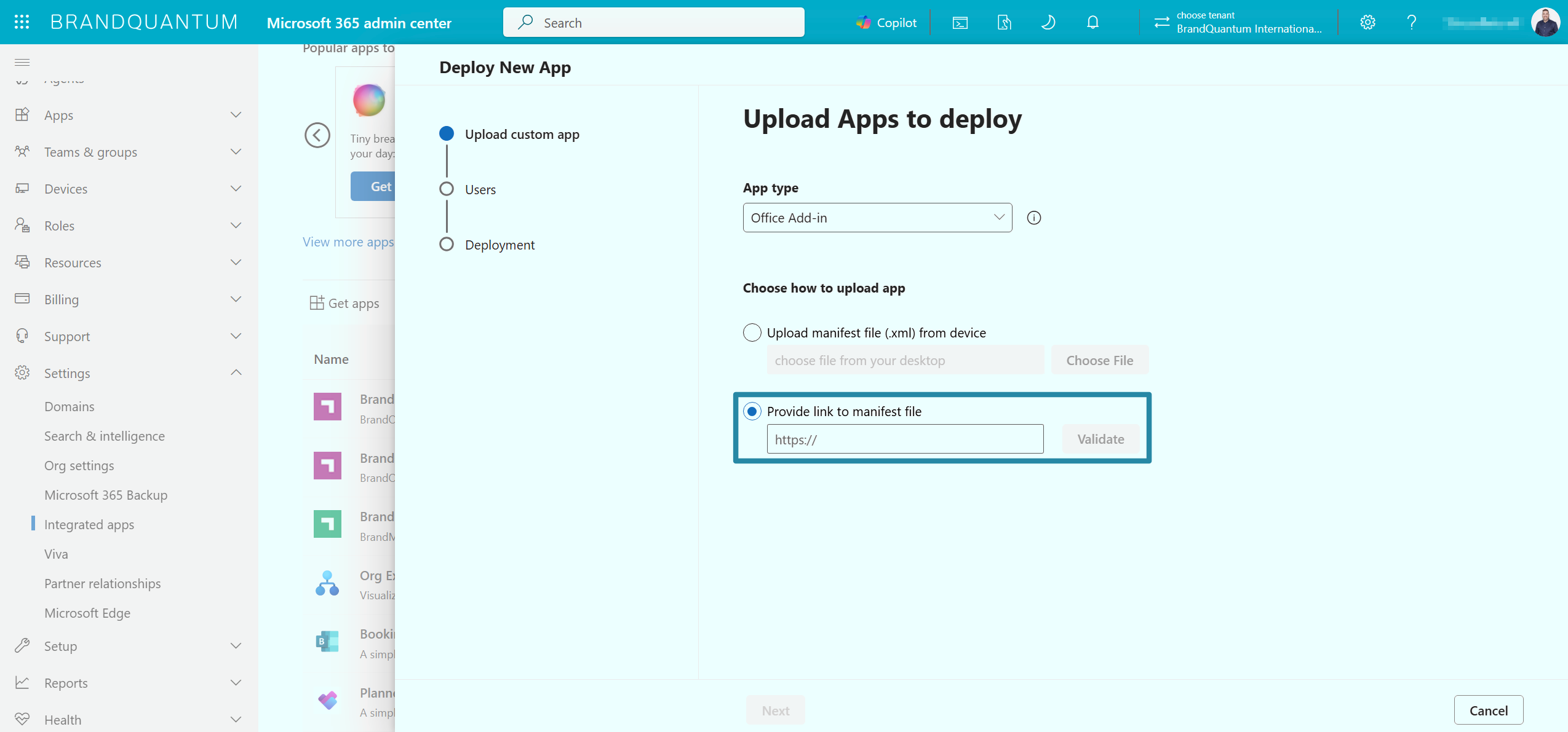Deploy New App screen with Provide link to manifest file selected and its URL field highlighted