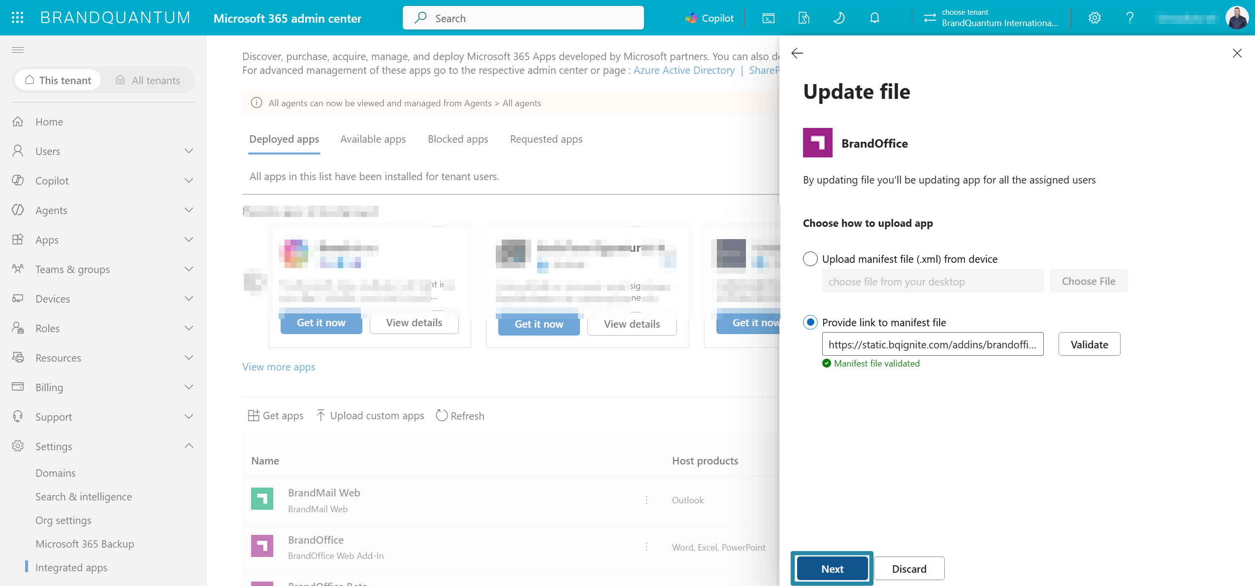 BrandOffice Update file pane showing Manifest file validated and Next highlighted