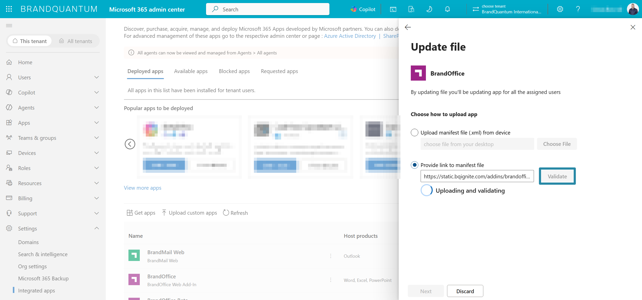 BrandOffice Update file pane with the manifest URL entered and Validate highlighted