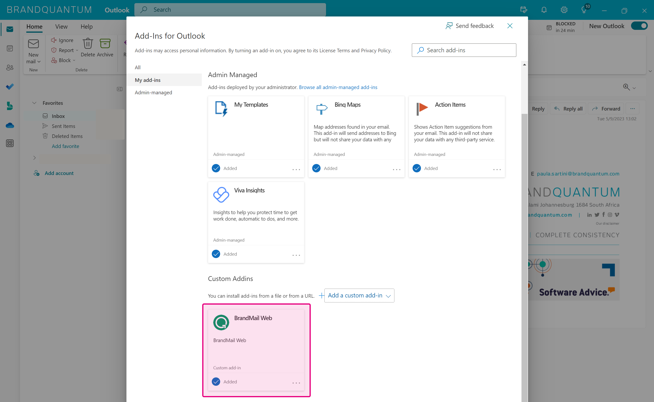 BrandMail Web Add-In appears in Outlook Add-Ins listings