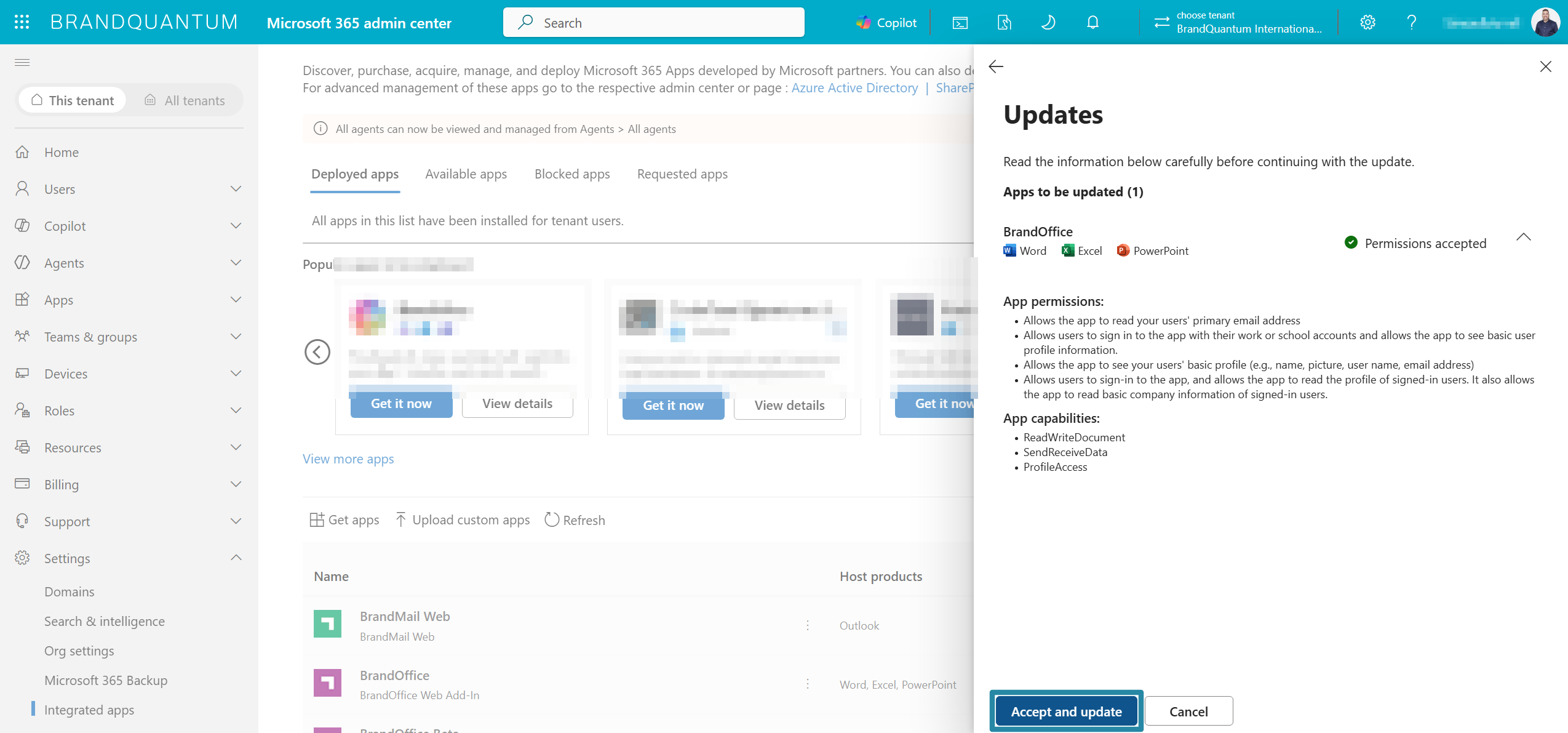 BrandOffice Updates pane with Accept and update highlighted to confirm the upgrade