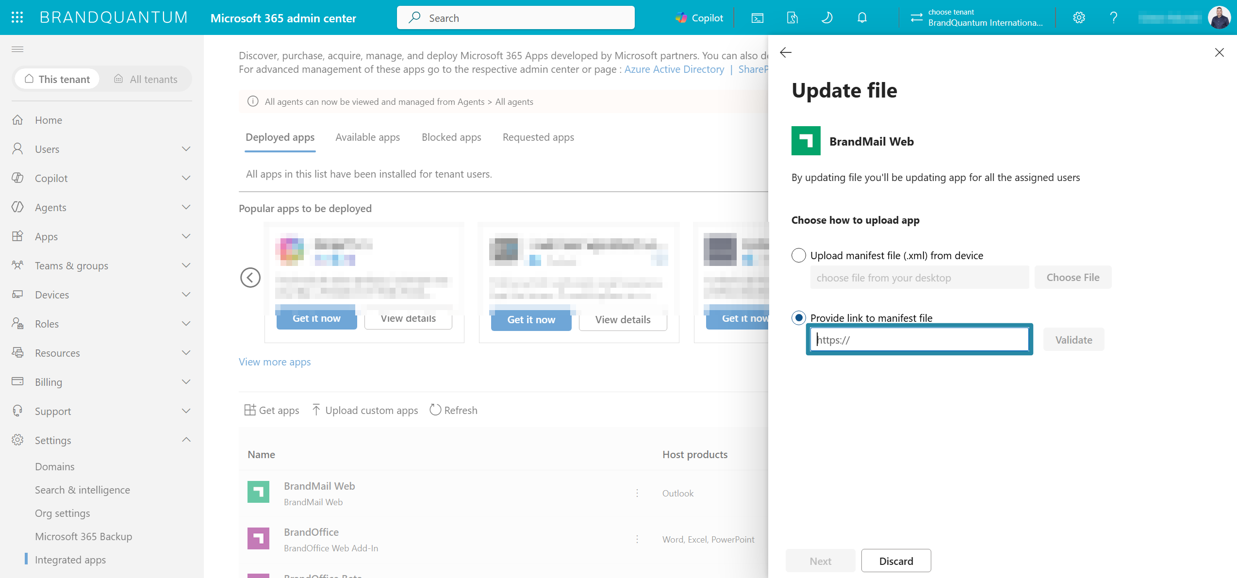 Microsoft 365 admin centre Update file pane for BrandMail Web with Provide link to manifest file selected and the URL field ready for the manifest lin