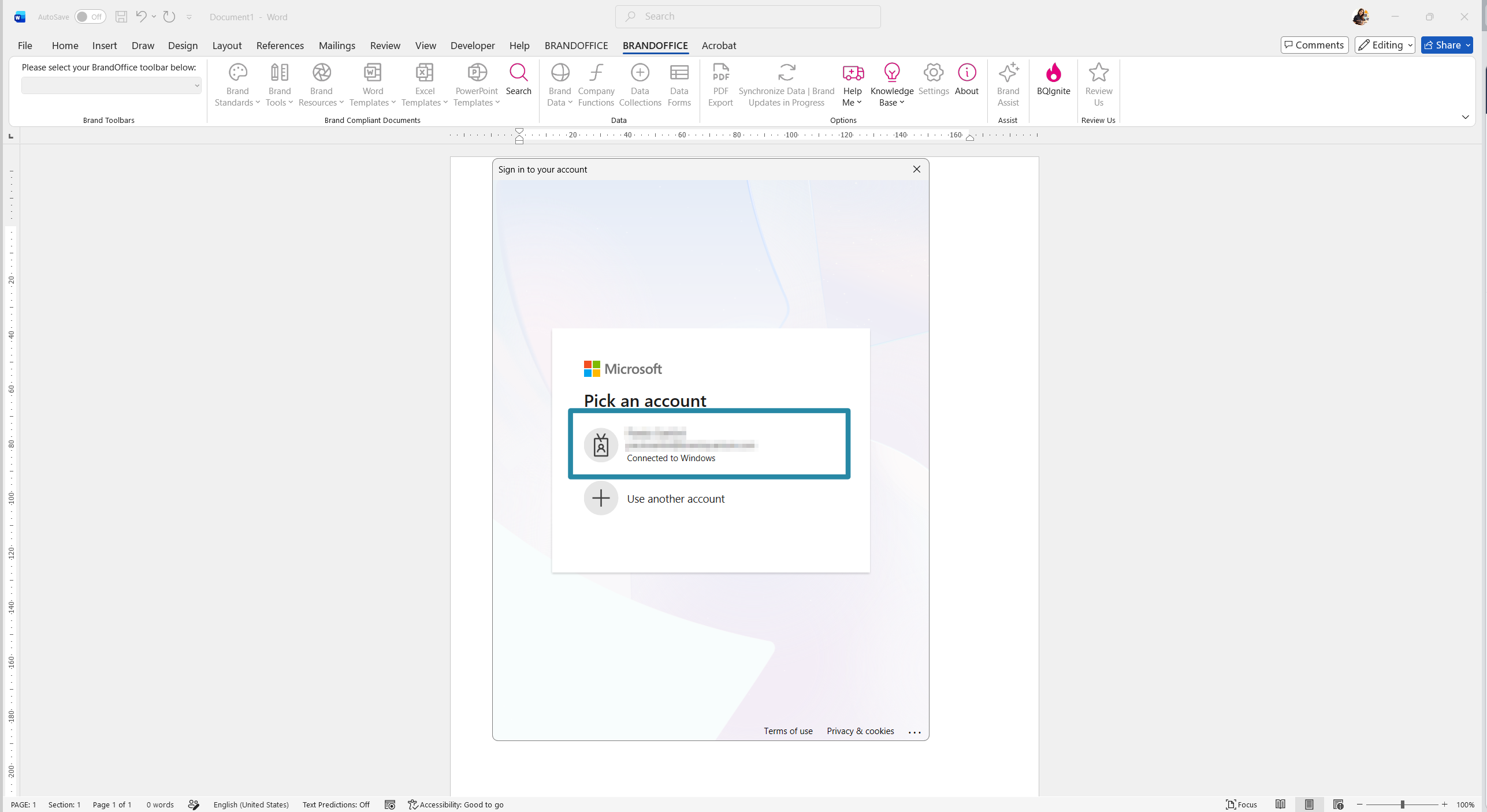 Microsoft authentication window with the user email address blurred but highlighted
