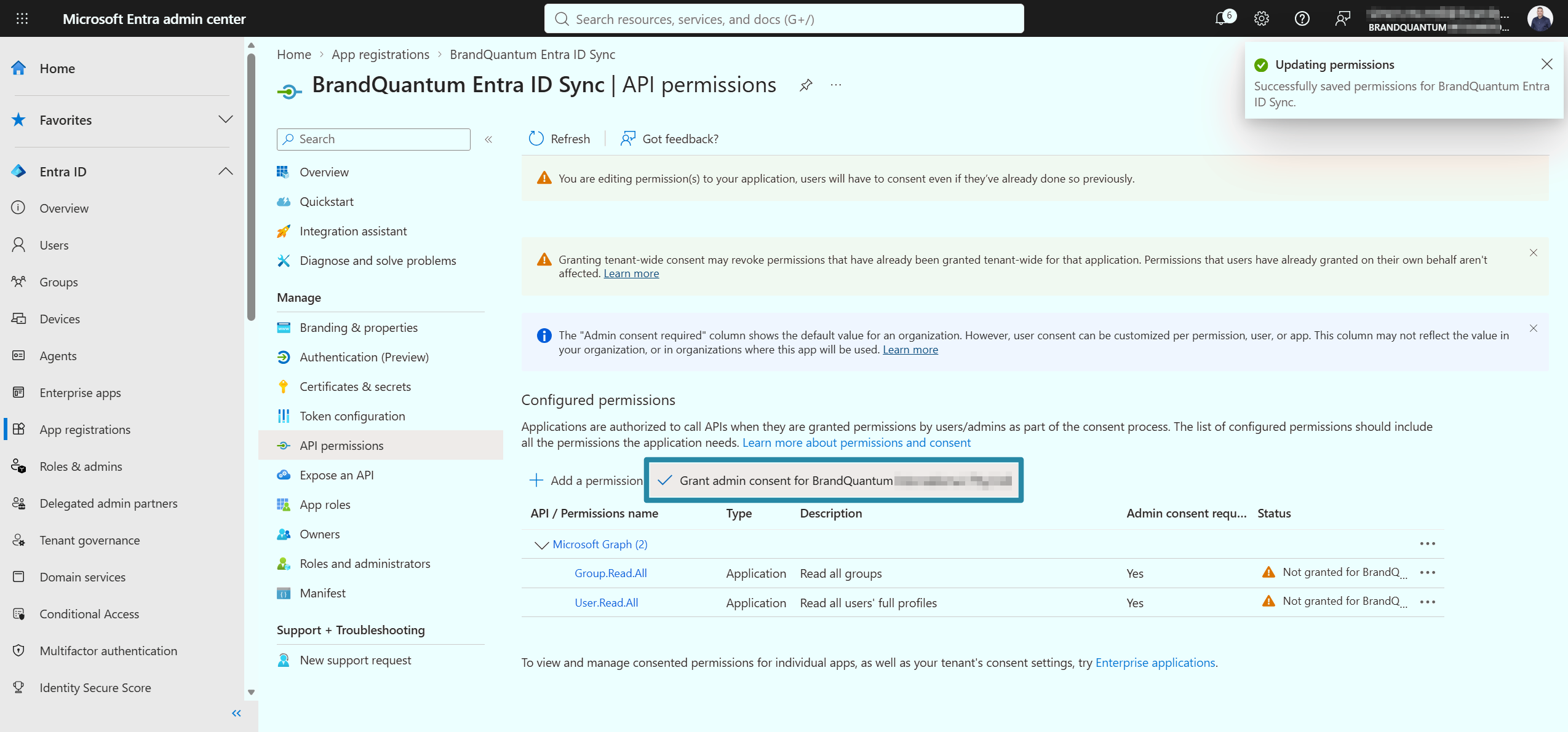 API permissions page with Grant admin consent highlighted to approve the configured application permissions.